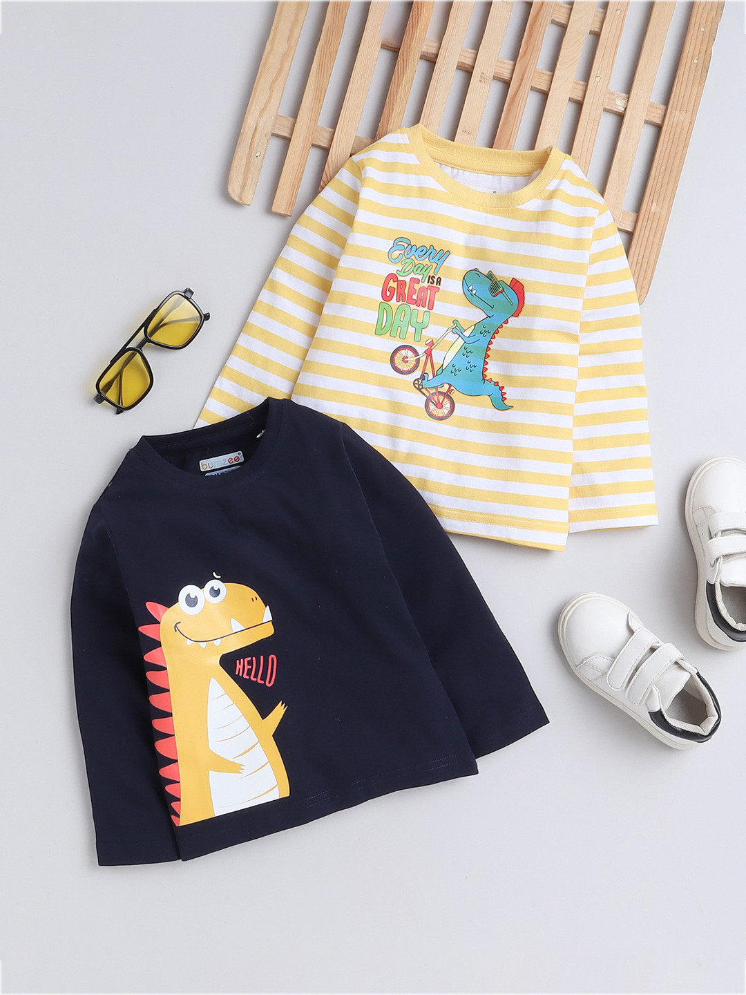 

BUMZEE Boys Pack Of 2 Graphic Printed Cotton T-shirt, Yellow