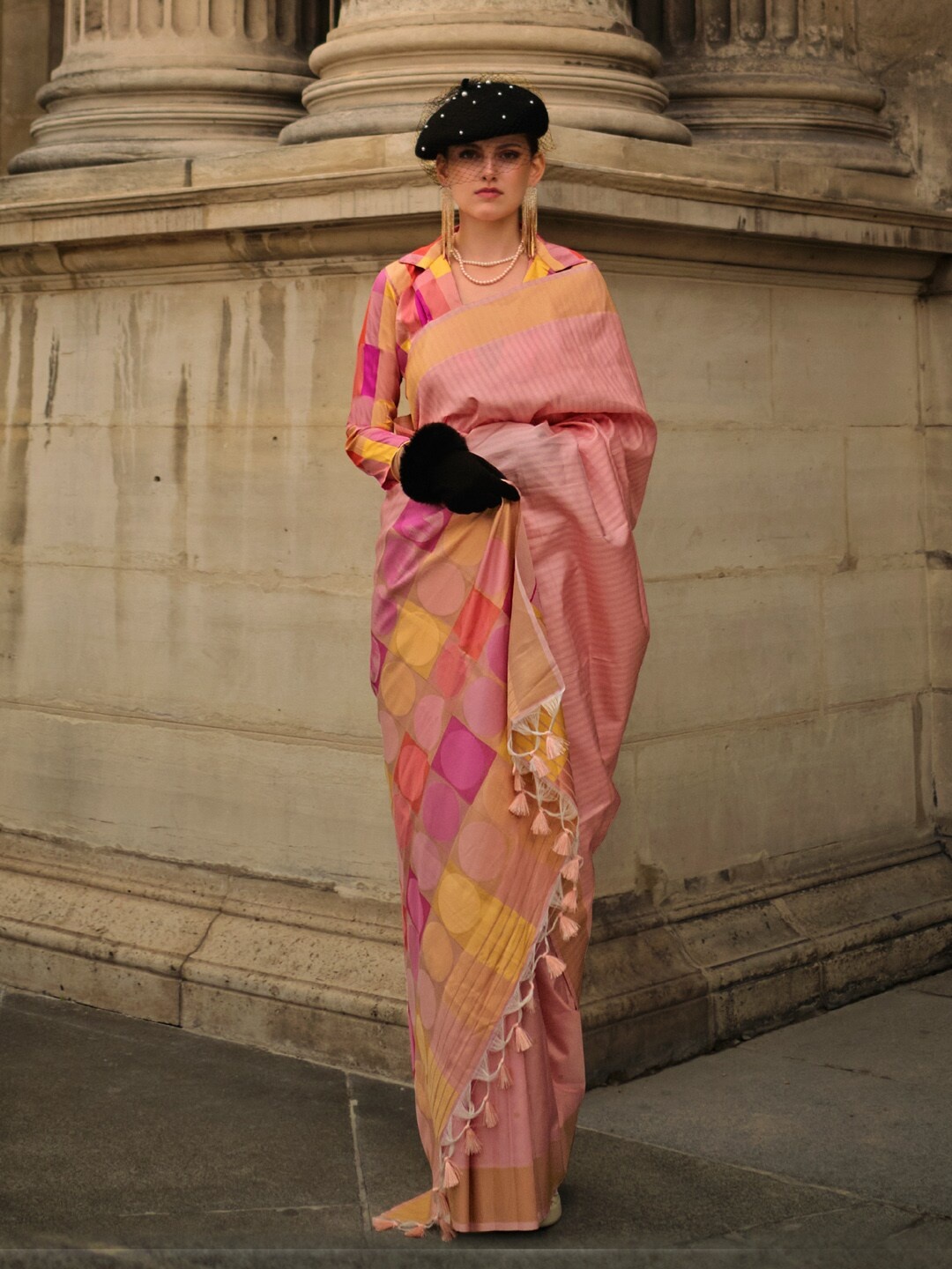 

Mitera Peach-Coloured Gold-Toned Striped Zari Silk Banarasi Saree