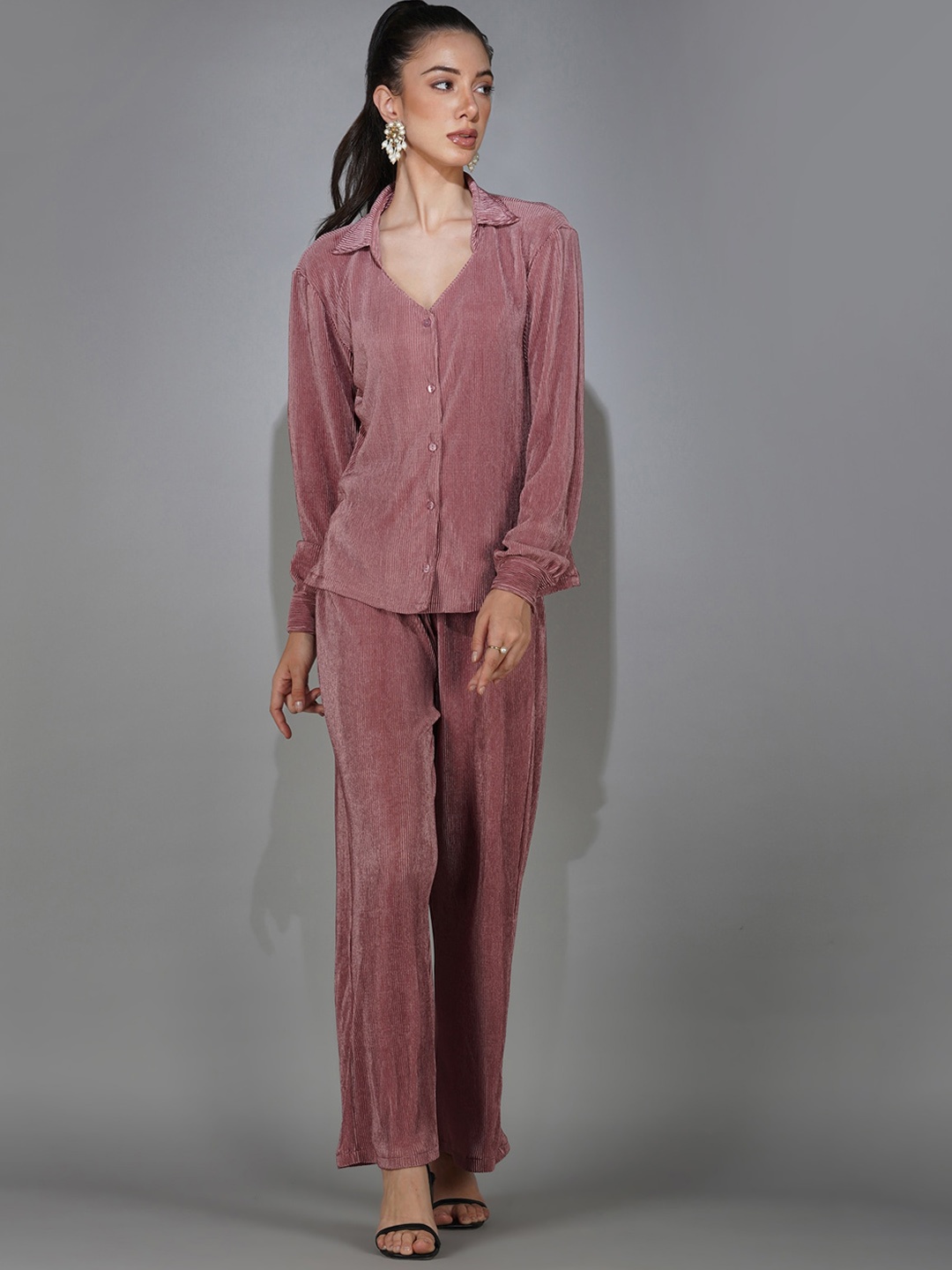 

DELAN Shirt Collar Long Sleeves Shirt With Palazzos, Purple