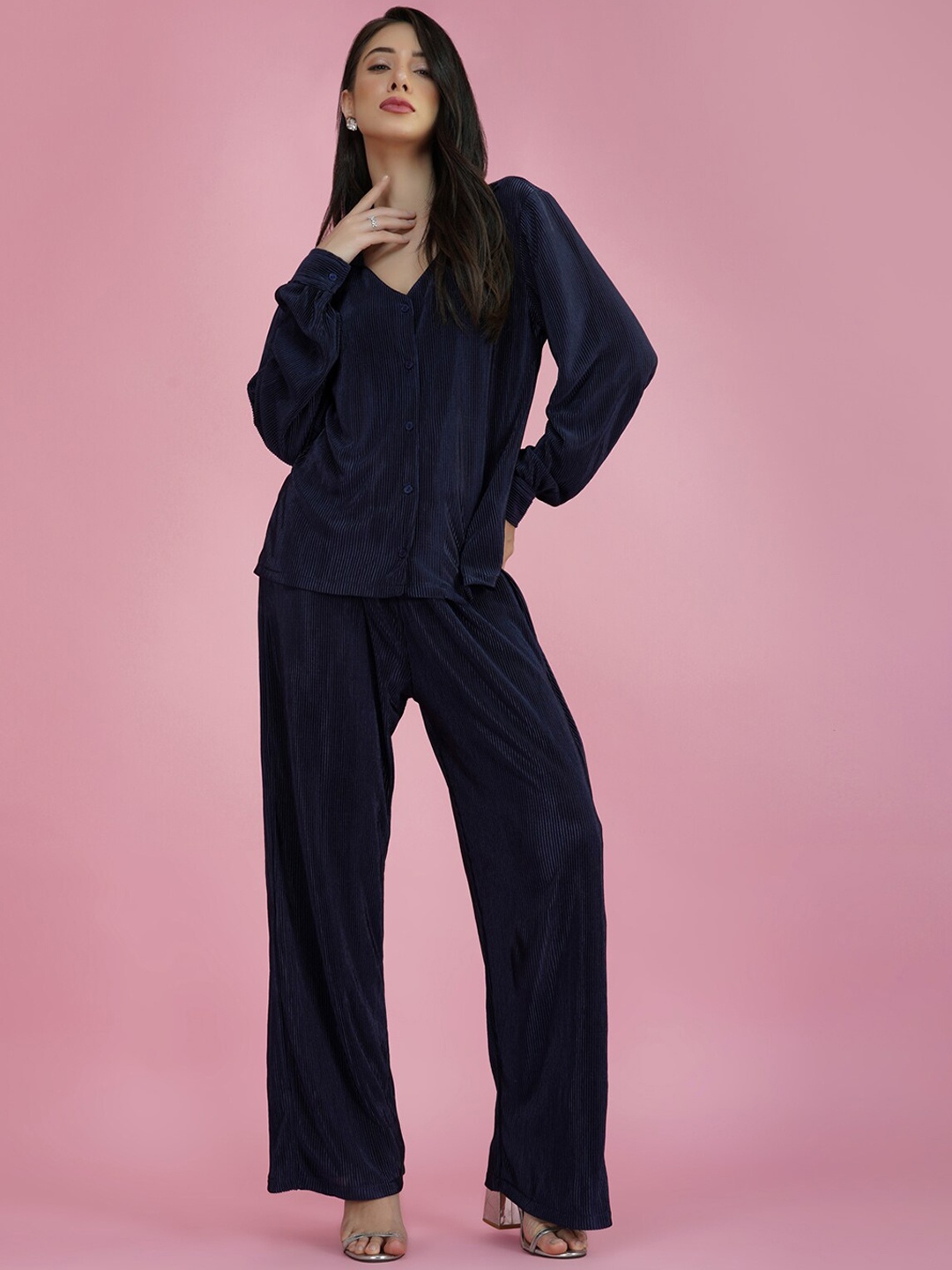 

DELAN V-Neck Shirt With Flared Trousers, Navy blue