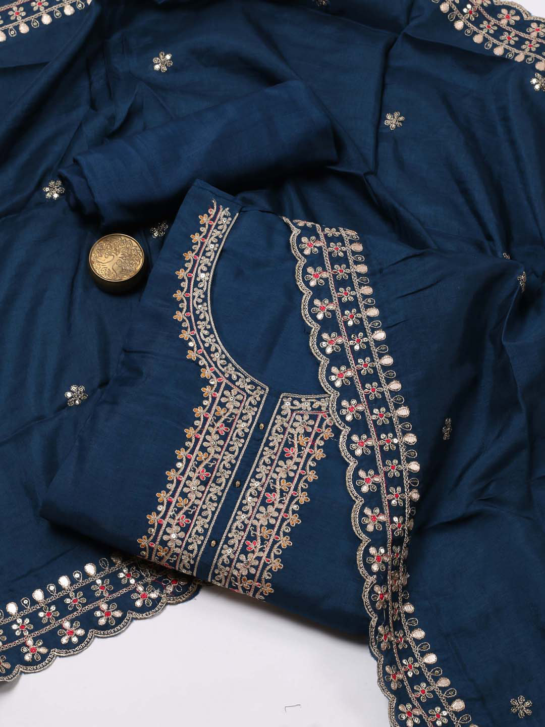 

Meena Bazaar Floral Embroidered Art Silk Unstitched Dress Material, Navy blue
