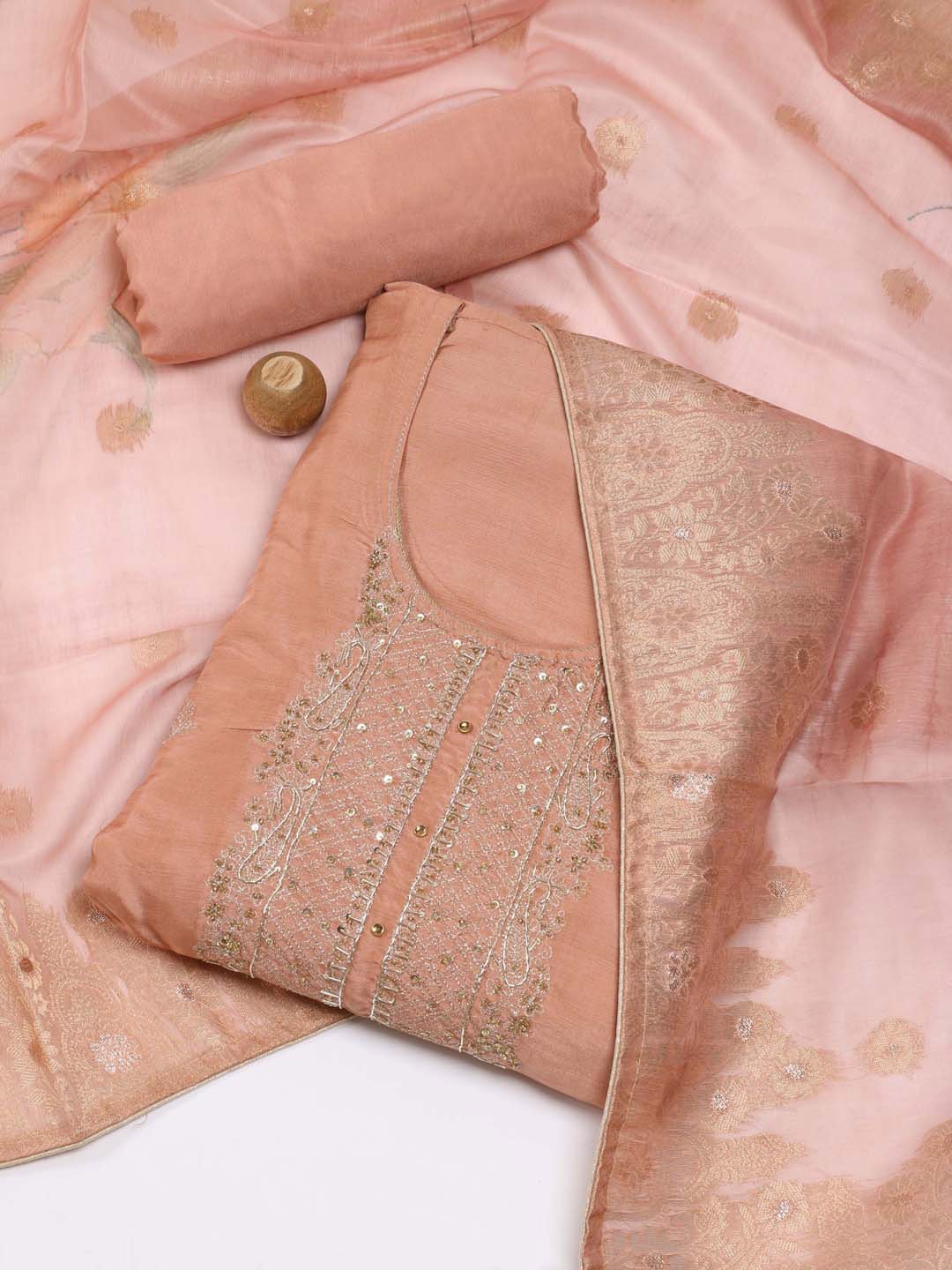 

Meena Bazaar Ethnic Motifs Beads & Stones Embroidered Unstitched Dress Material, Peach