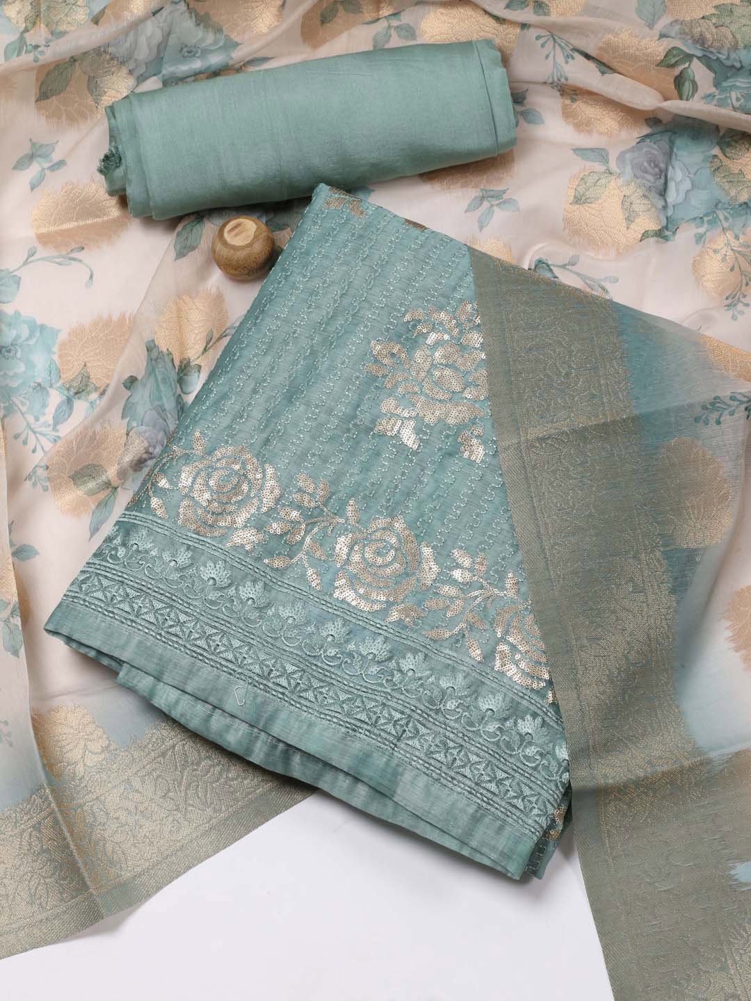 

Meena Bazaar Floral Embroidered Unstitched Dress Material, Sea green