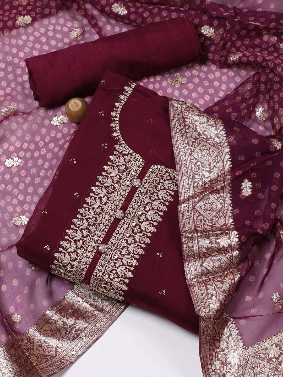 

Meena Bazaar Ethnic Motifs Sequinned Embroidered Organza Unstitched Dress Material, Maroon