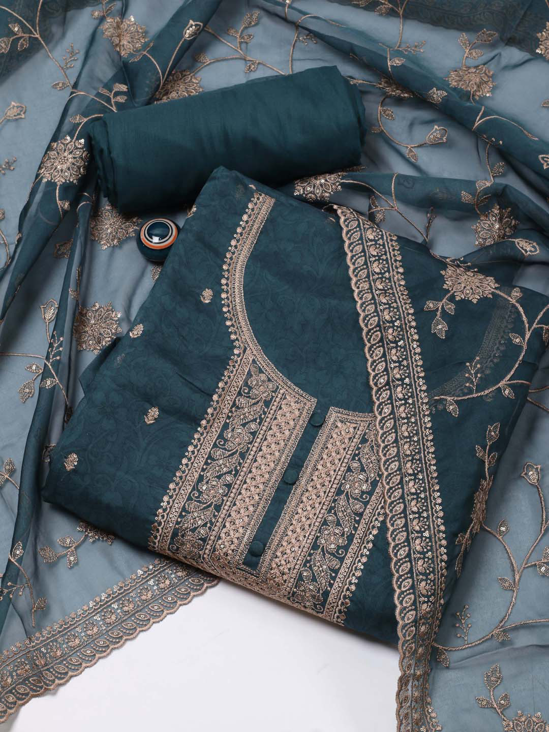 

Meena Bazaar Ethnic Motifs Embroidered Organza Unstitched Dress Material, Green