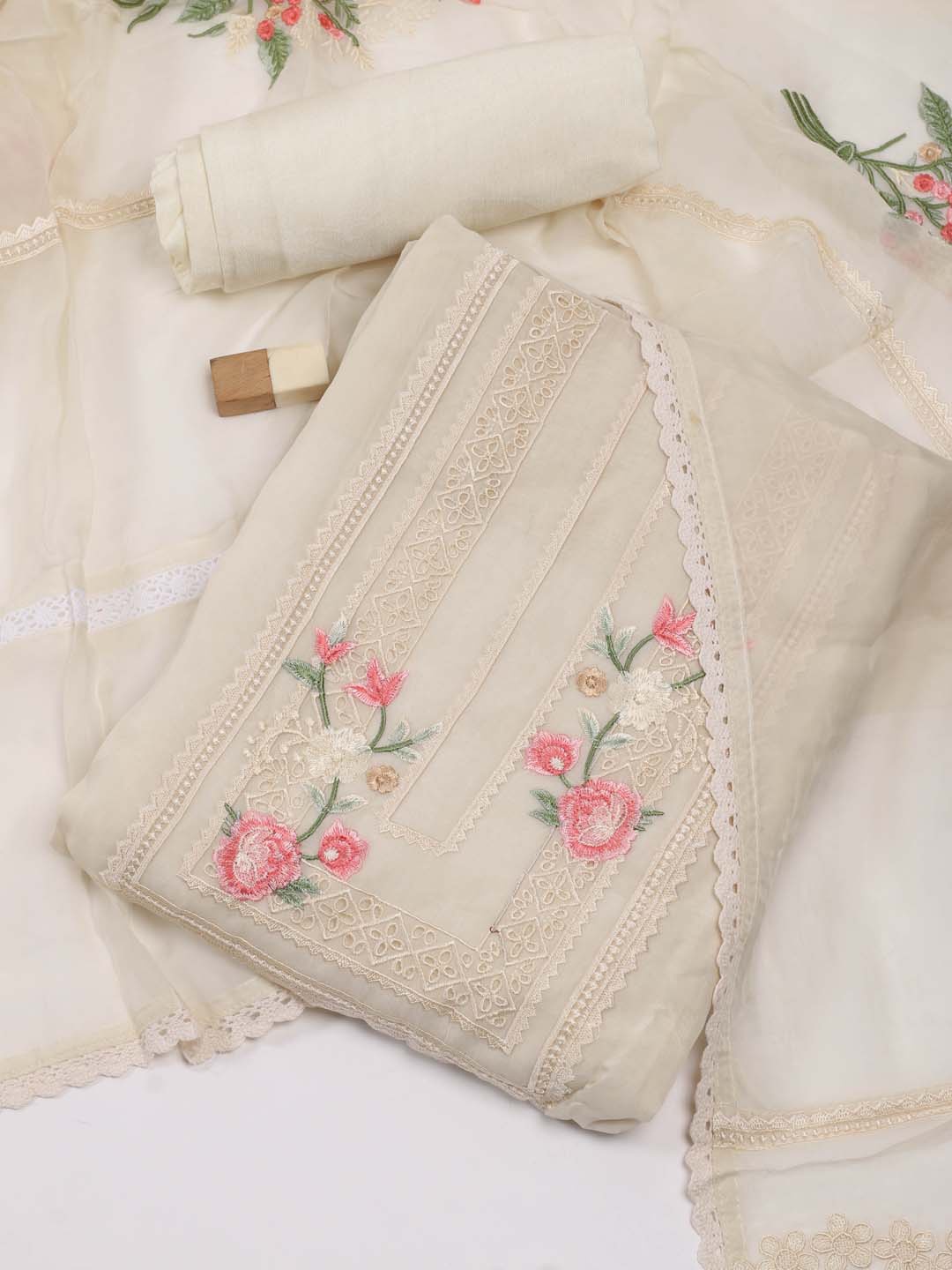 

Meena Bazaar Floral Embroidered Organza Unstitched Dress Material, Cream