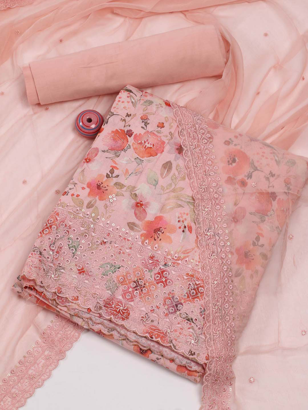 

Meena Bazaar Printed Unstitched Dress Material, Peach
