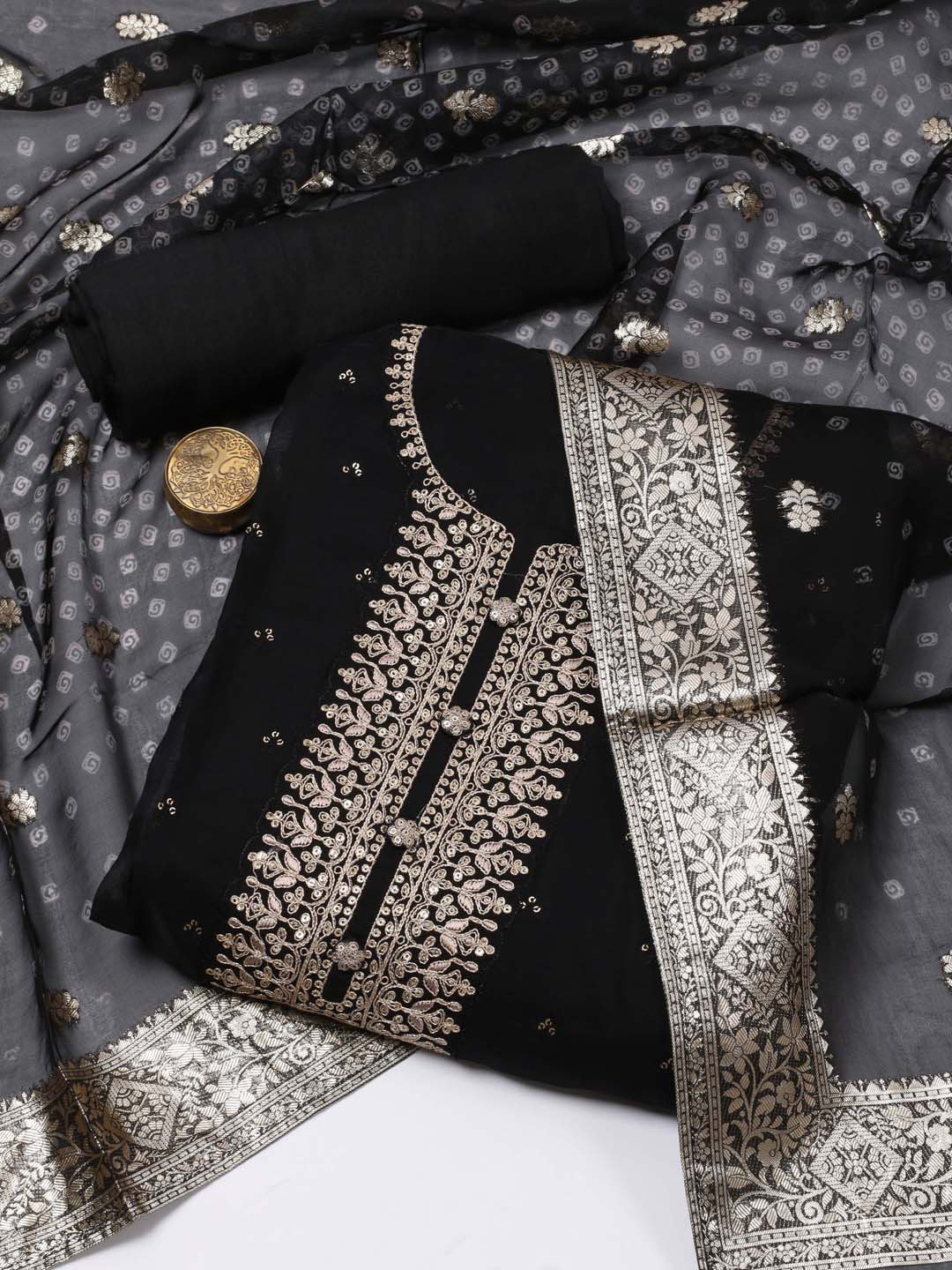 

Meena Bazaar Ethnic Motifs Embroidered Sequinned Unstitched Dress Material, Black