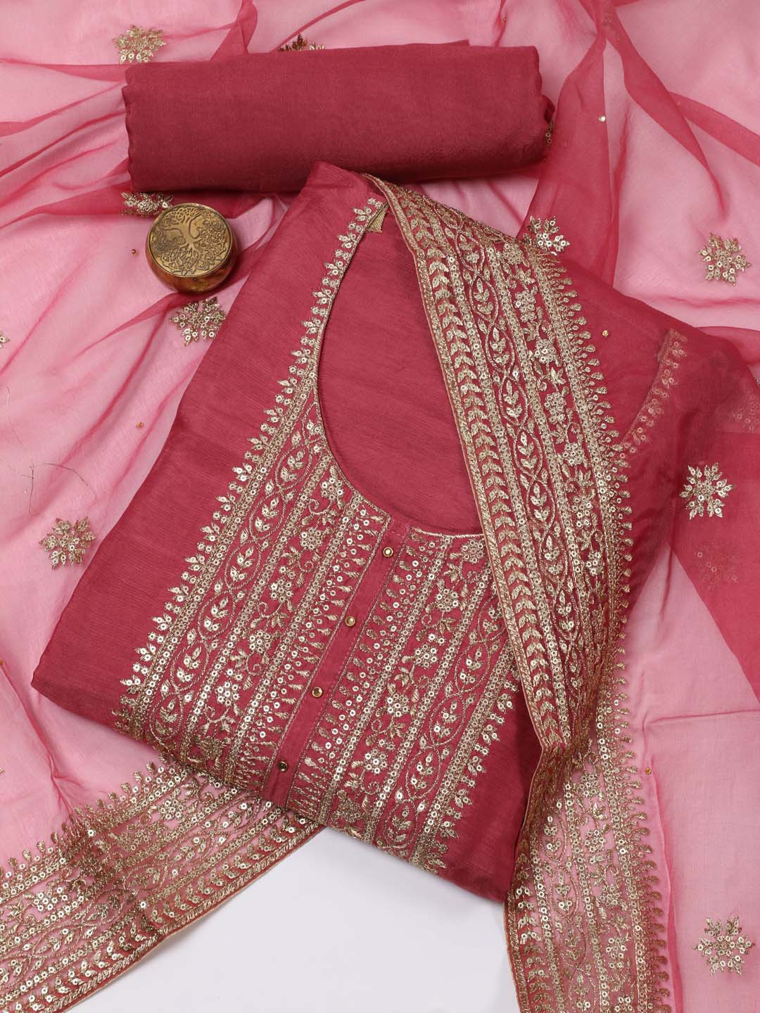 

Meena Bazaar Ethnic Motifs Embroidered Unstitched Dress Material, Coral
