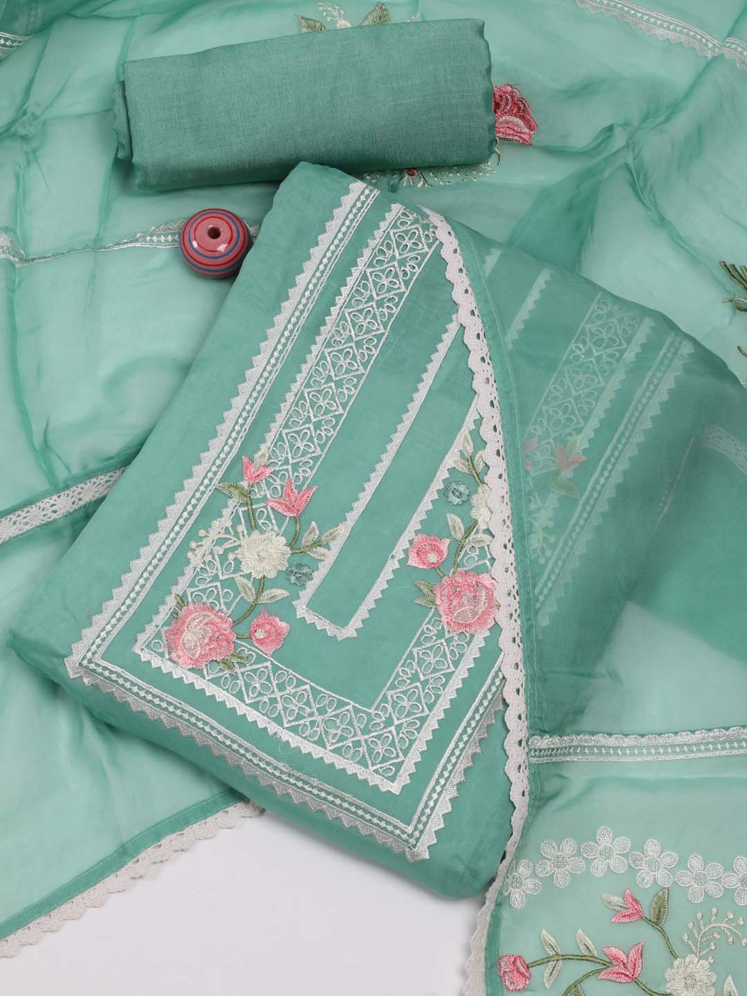 

Meena Bazaar Floral Embroidered Organza Unstitched Dress Material, Sea green