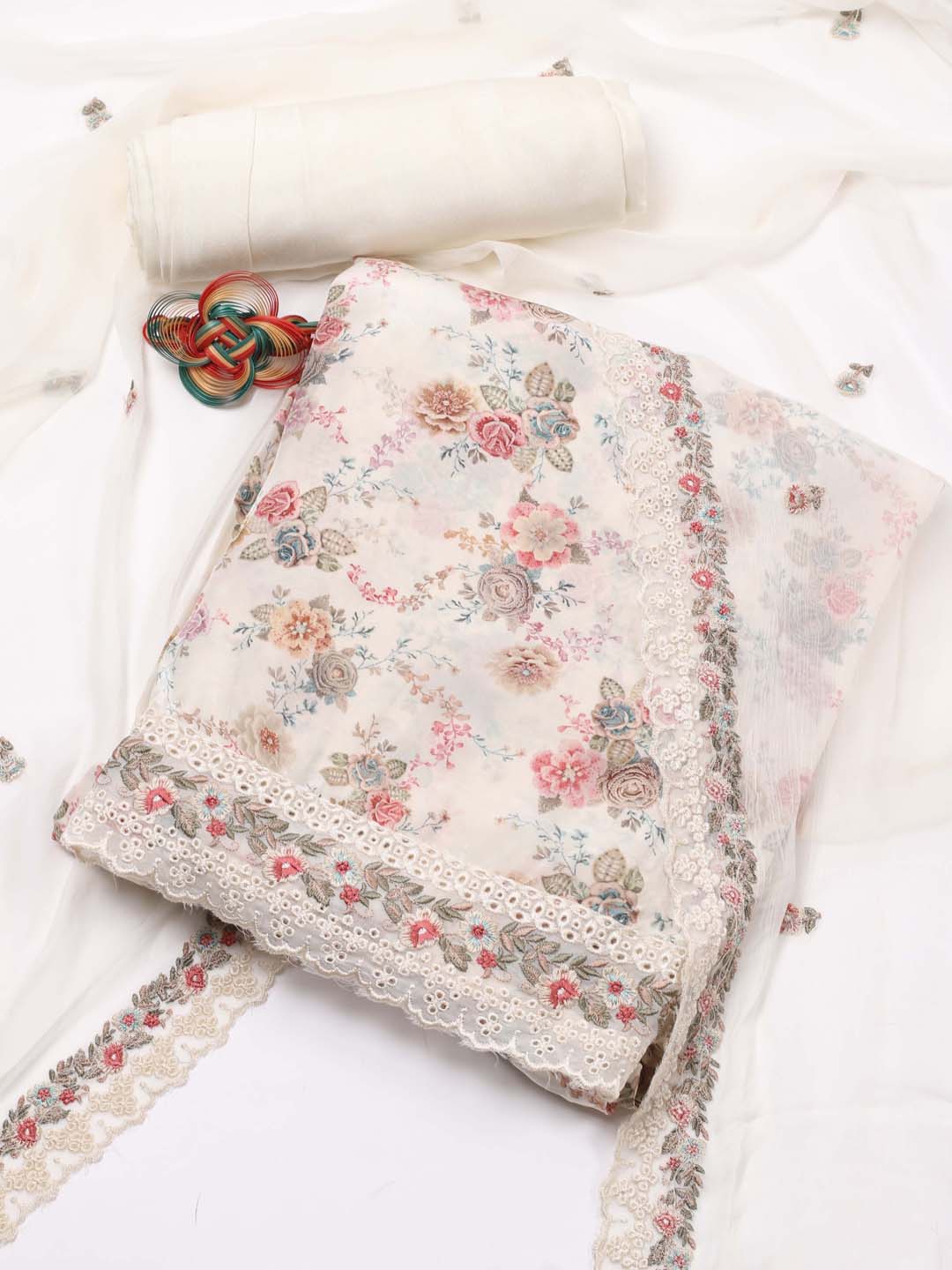 

Meena Bazaar Floral Printed Unstitched Dress Material, Cream
