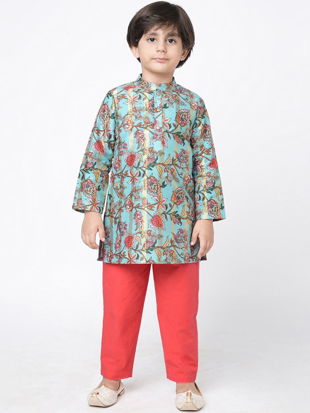 

LIL DRAMA Boys Floral Printed Pure Cotton Mandarin Collar Kurta With Pyjamas, Red