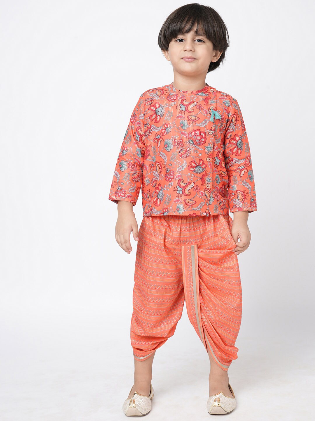 

LIL DRAMA Boys Floral Printed Mandarin Collar Kurta With Dhoti Pants, Orange