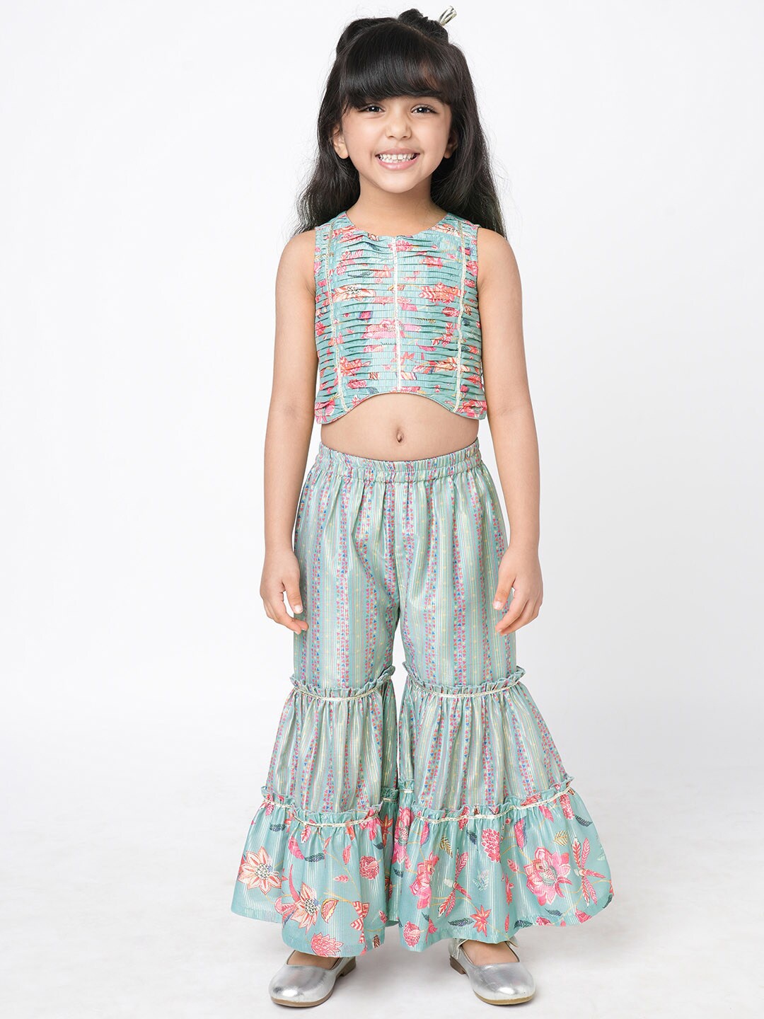 

LIL DRAMA Girl Printed Accordion Pleated Top with Palazzos, Blue