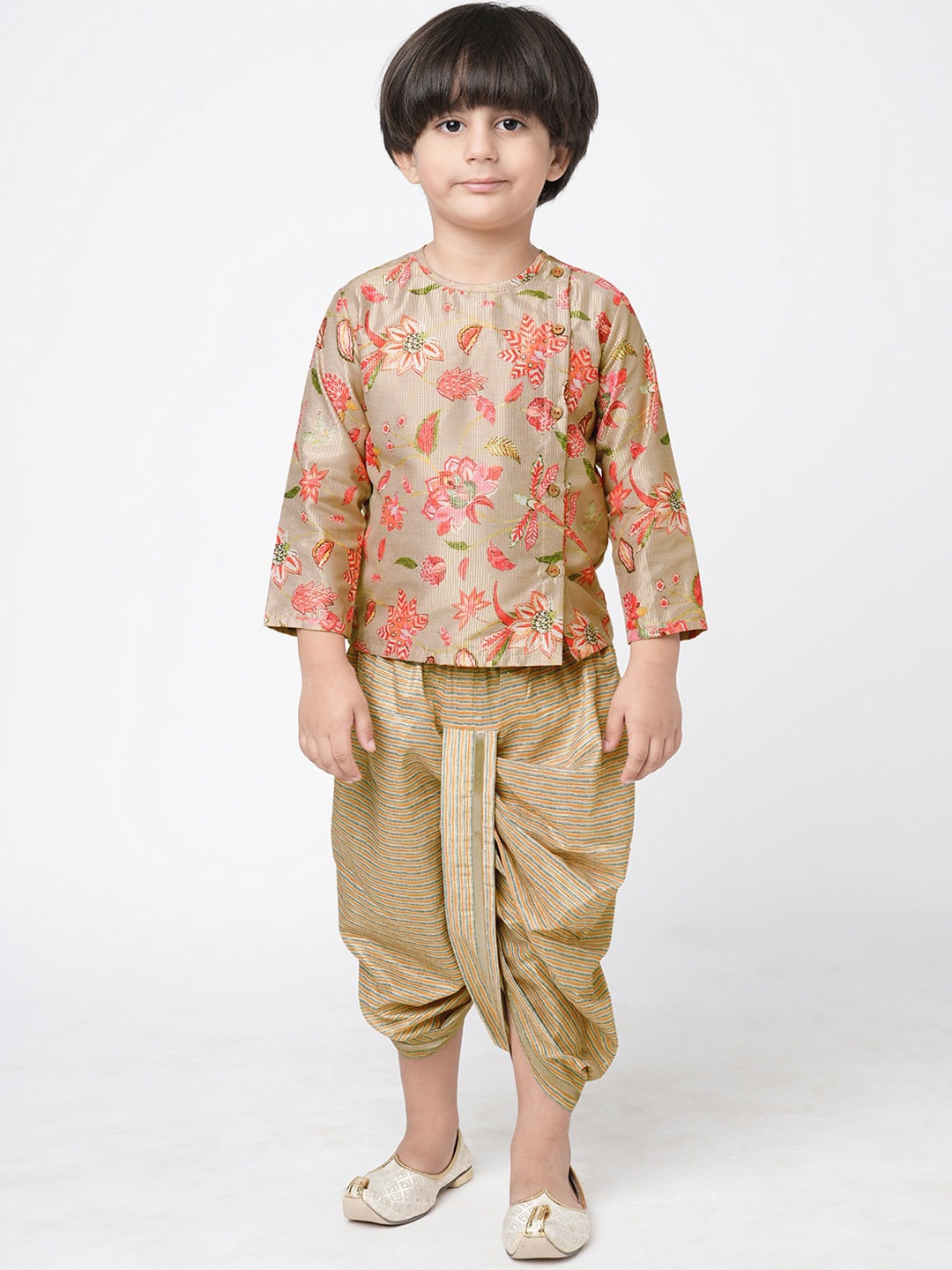 

LIL DRAMA Boys Floral Printed Regular Kurta With Dhoti Pants, Beige