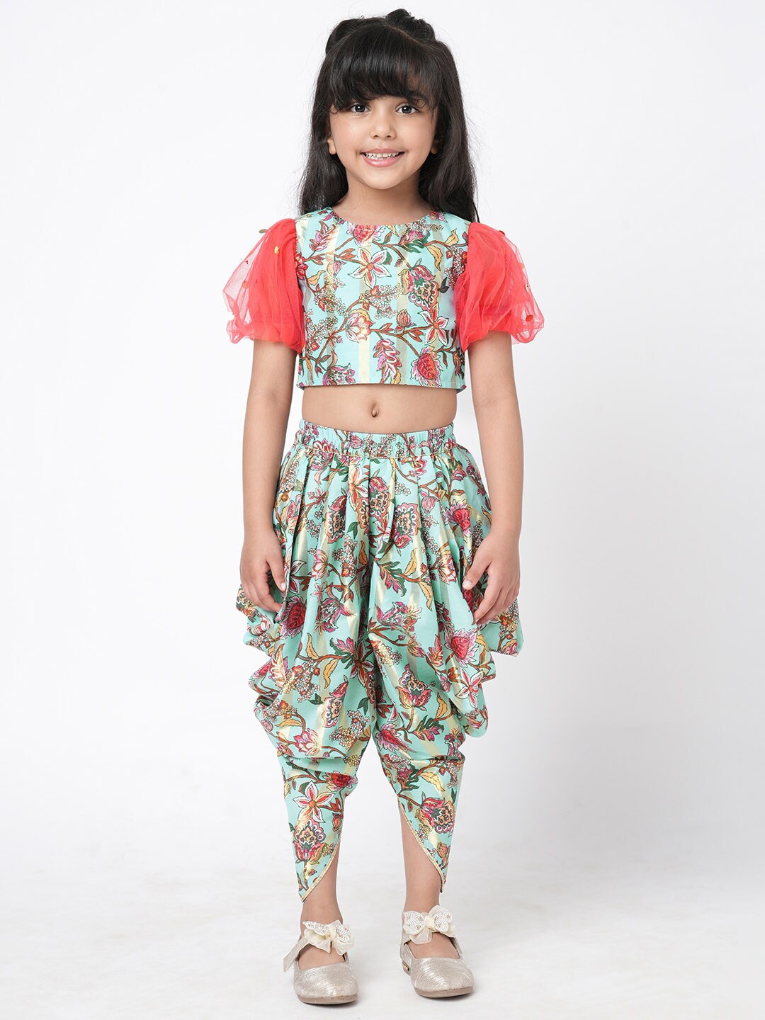 

LIL DRAMA Girls Floral Printed Top with Dhoti Pants, Blue