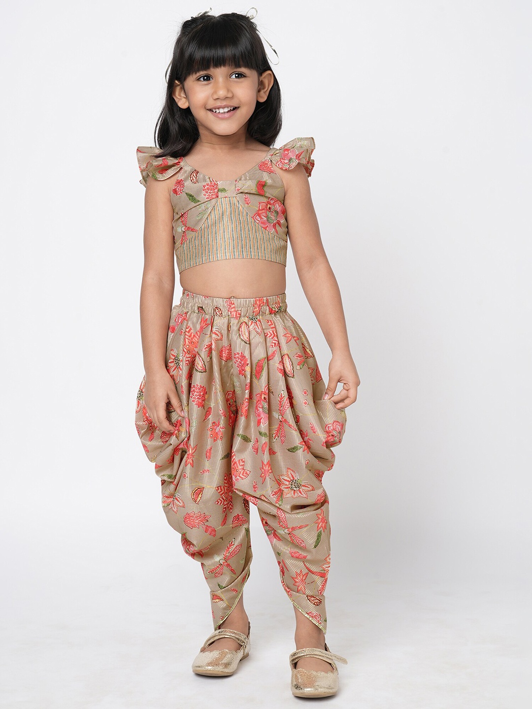 

LIL DRAMA Girls Printed Top With Dhoti Pants, Beige