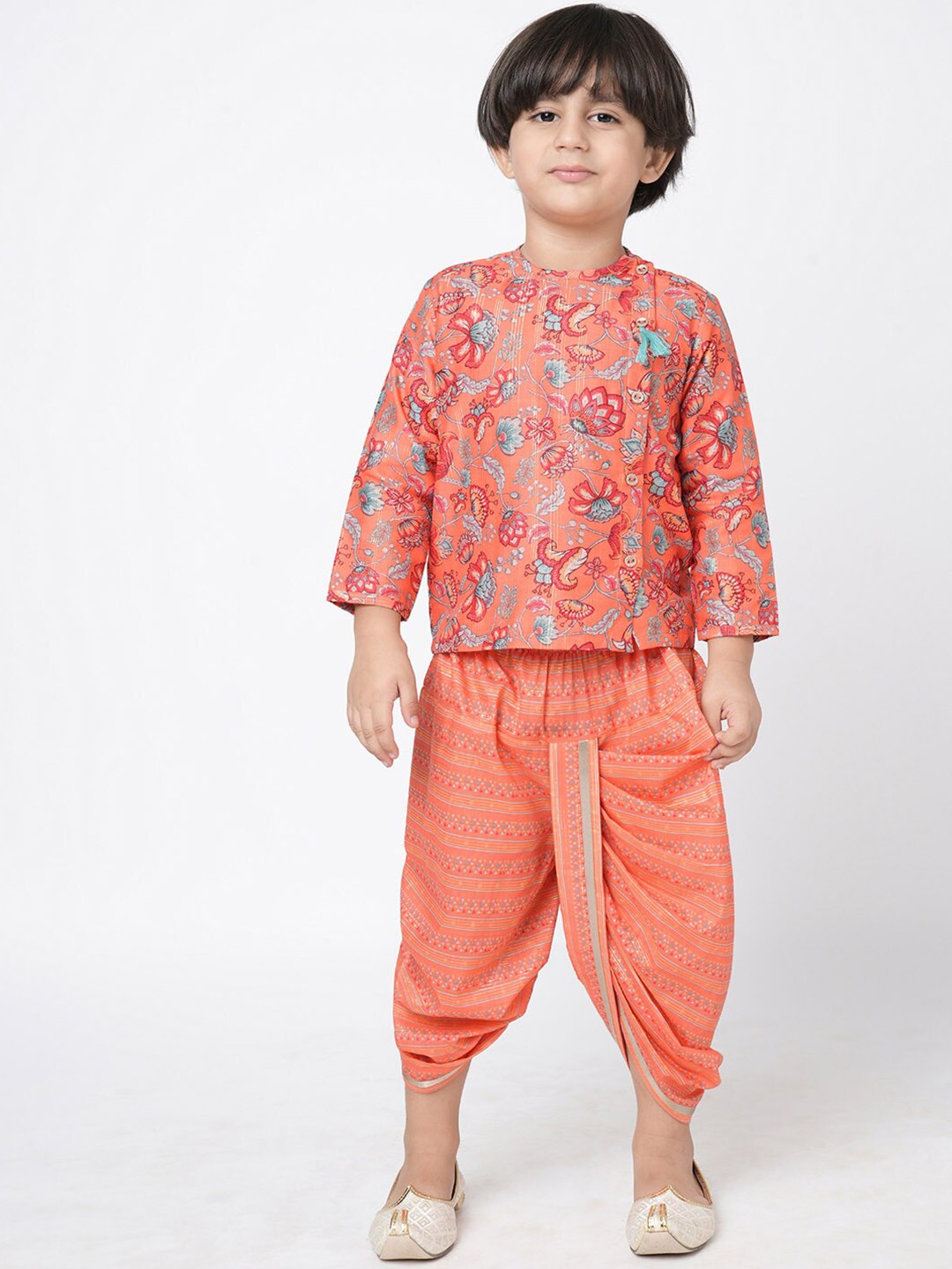 

LIL DRAMA Boys Floral Printed Mandarin Collar Kurta With Dhoti Pants, Orange