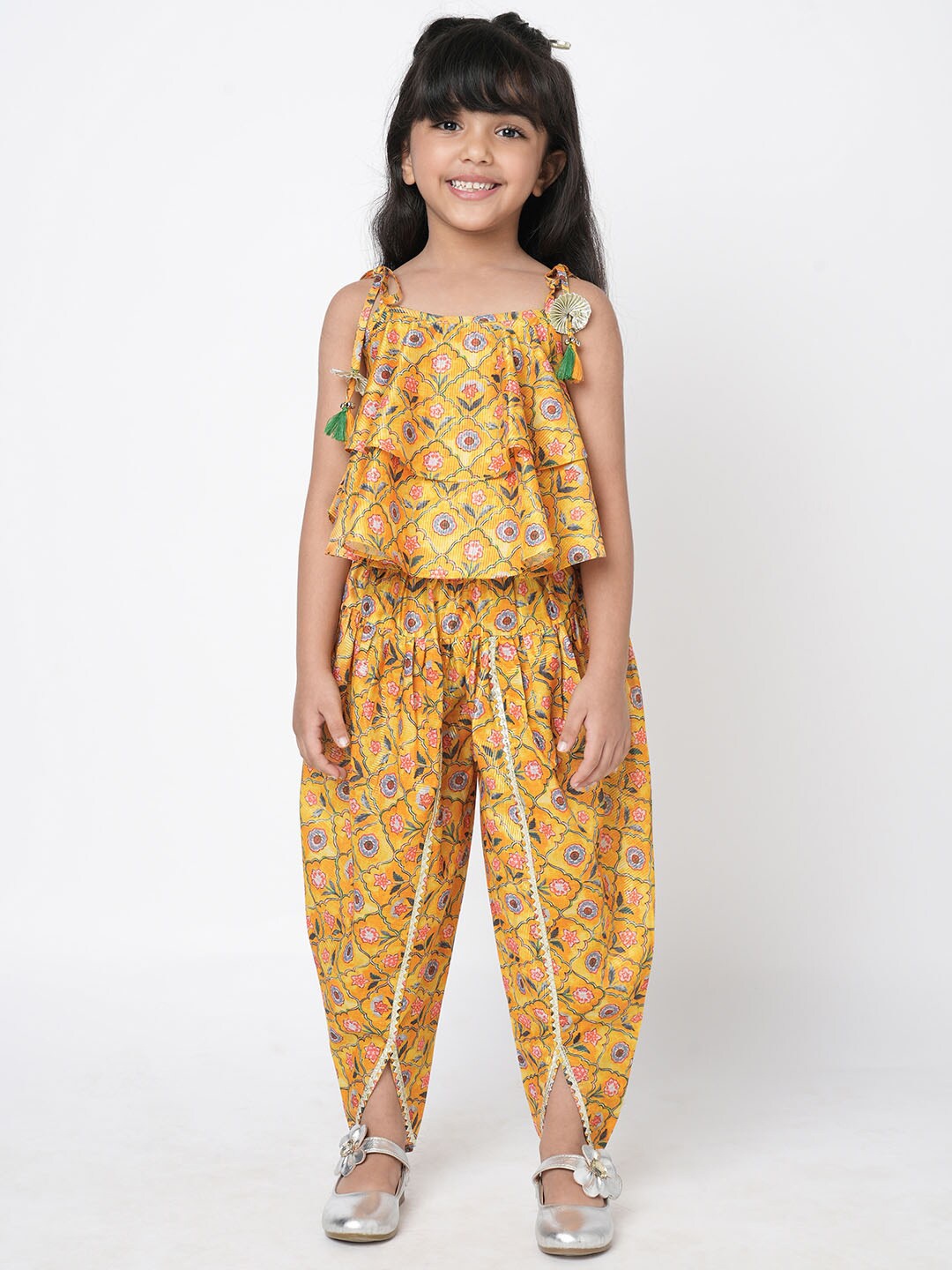

LIL DRAMA Girls Floral Printed Top with Dhoti Pants, Yellow