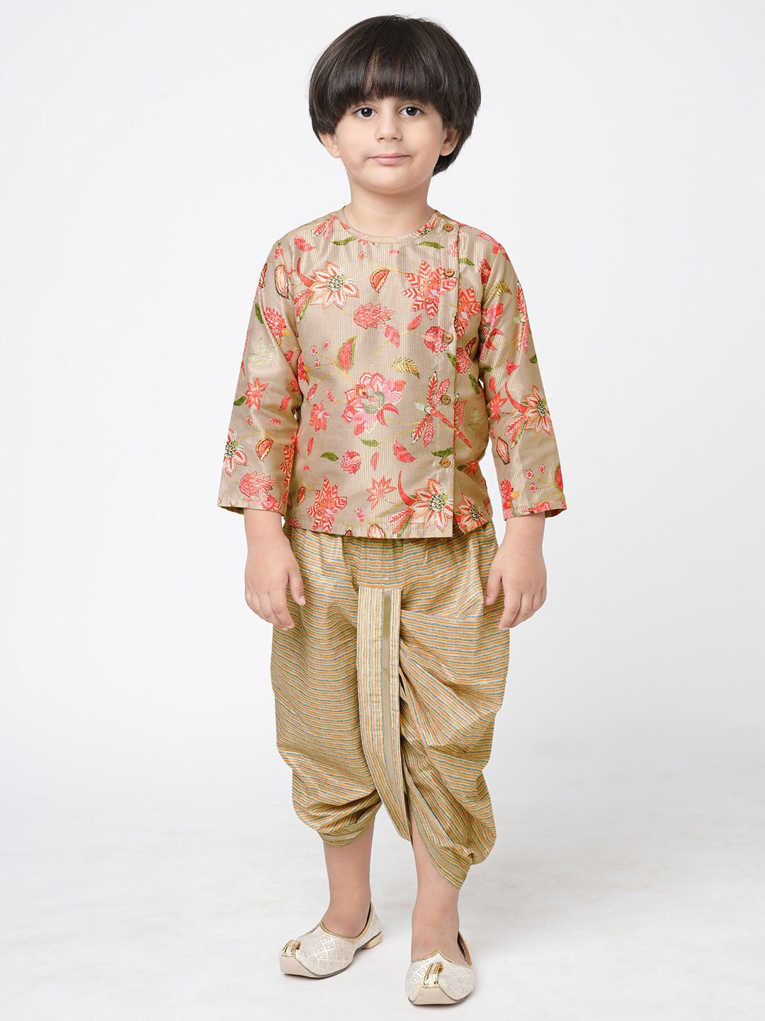 

LIL DRAMA Boys Floral Printed Kurta With Dhoti Pants, Beige