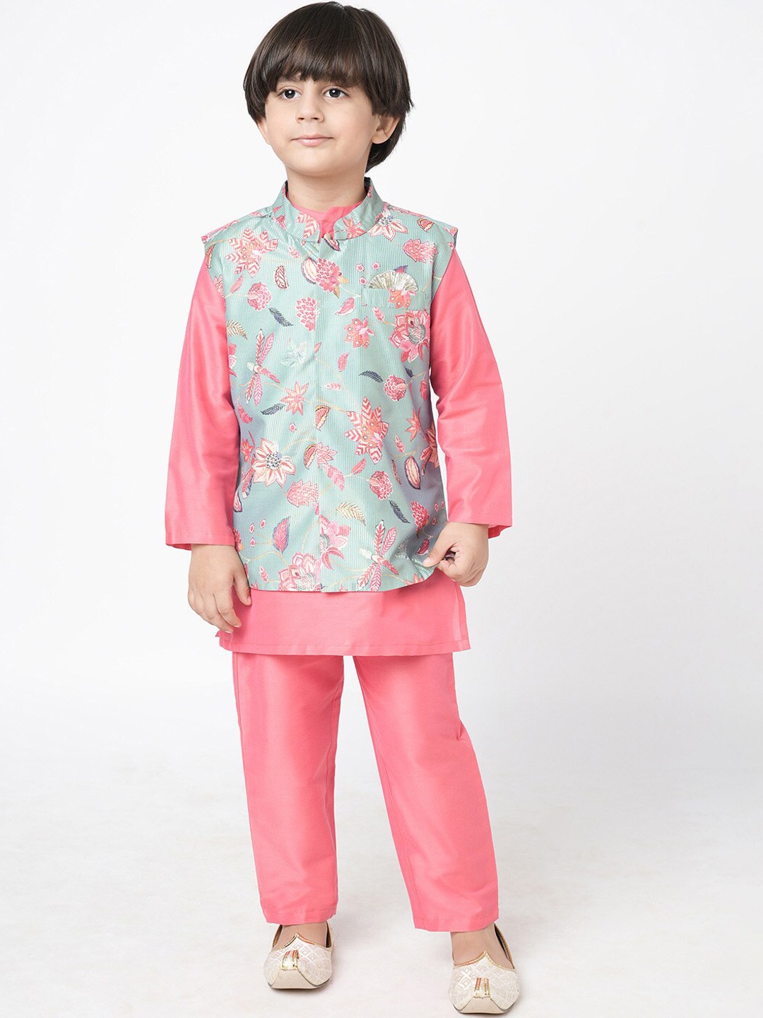 

LIL DRAMA Boys Pure Cotton Mandarin Collar Kurta With Pyjamas & Nehru Jacket, Pink