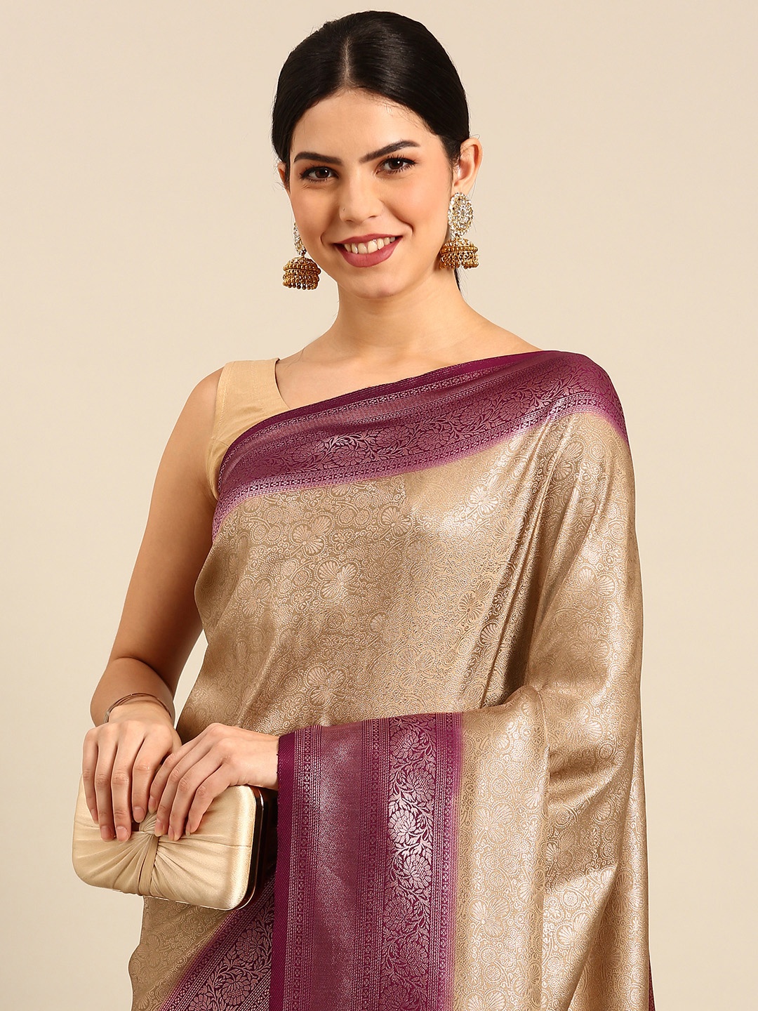 

Simaaya Floral Zari Pure Silk Saree, Beige