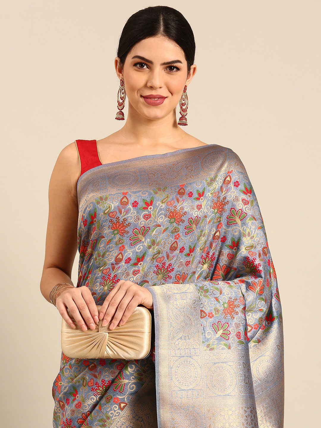 

Simaaya Floral Zari Pure Silk Saree, Grey
