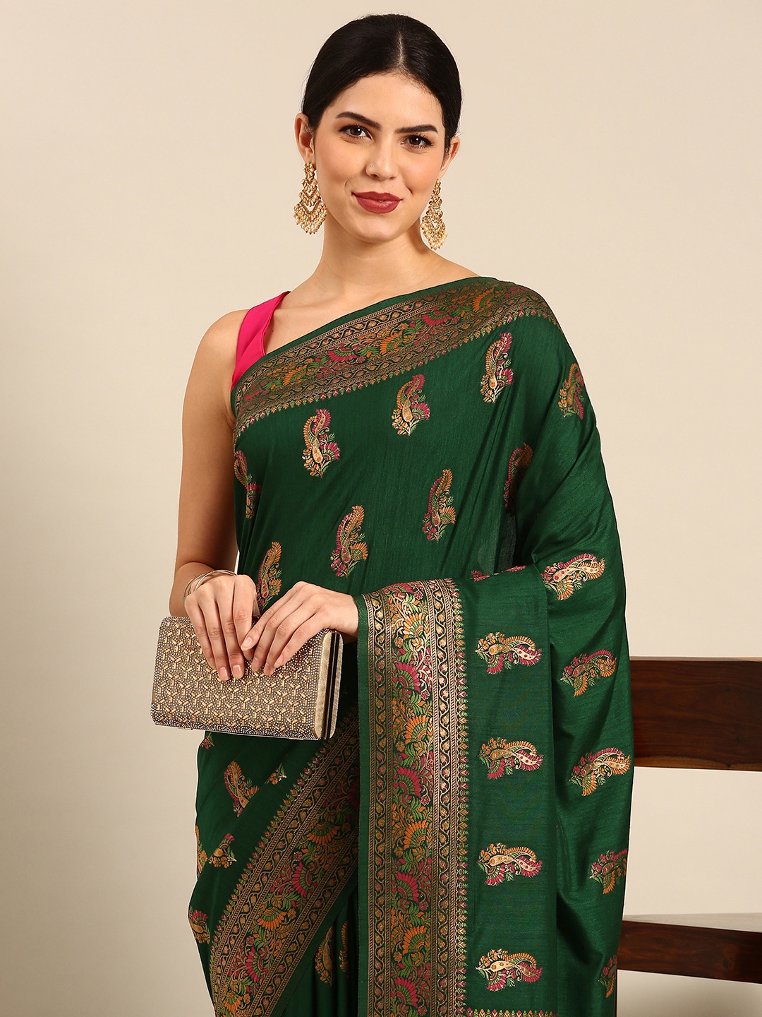 

Simaaya Ethnic Motifs Pure Silk Saree, Green