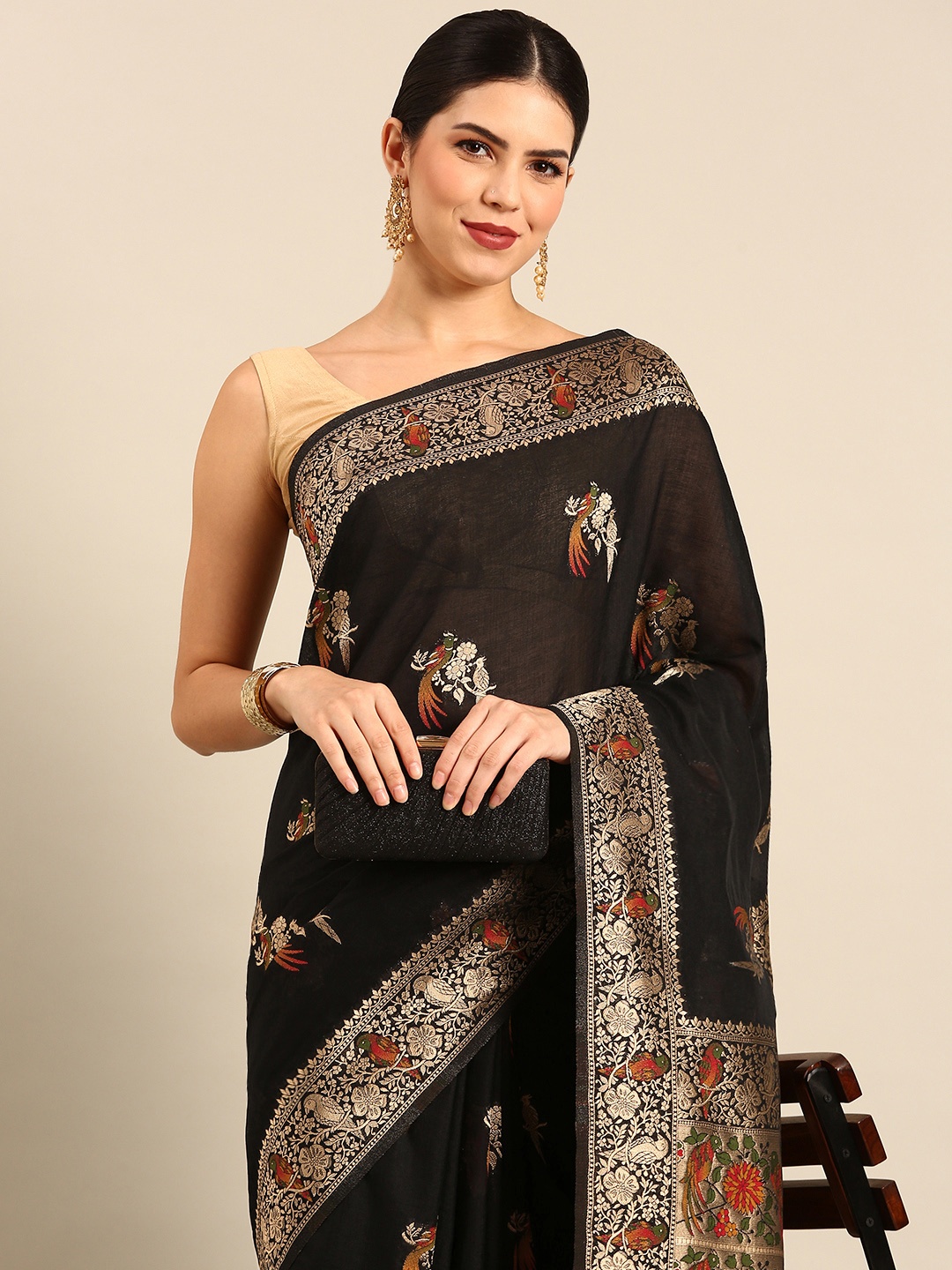

Simaaya Ethnic Motifs Zari Silk Cotton Saree, Black