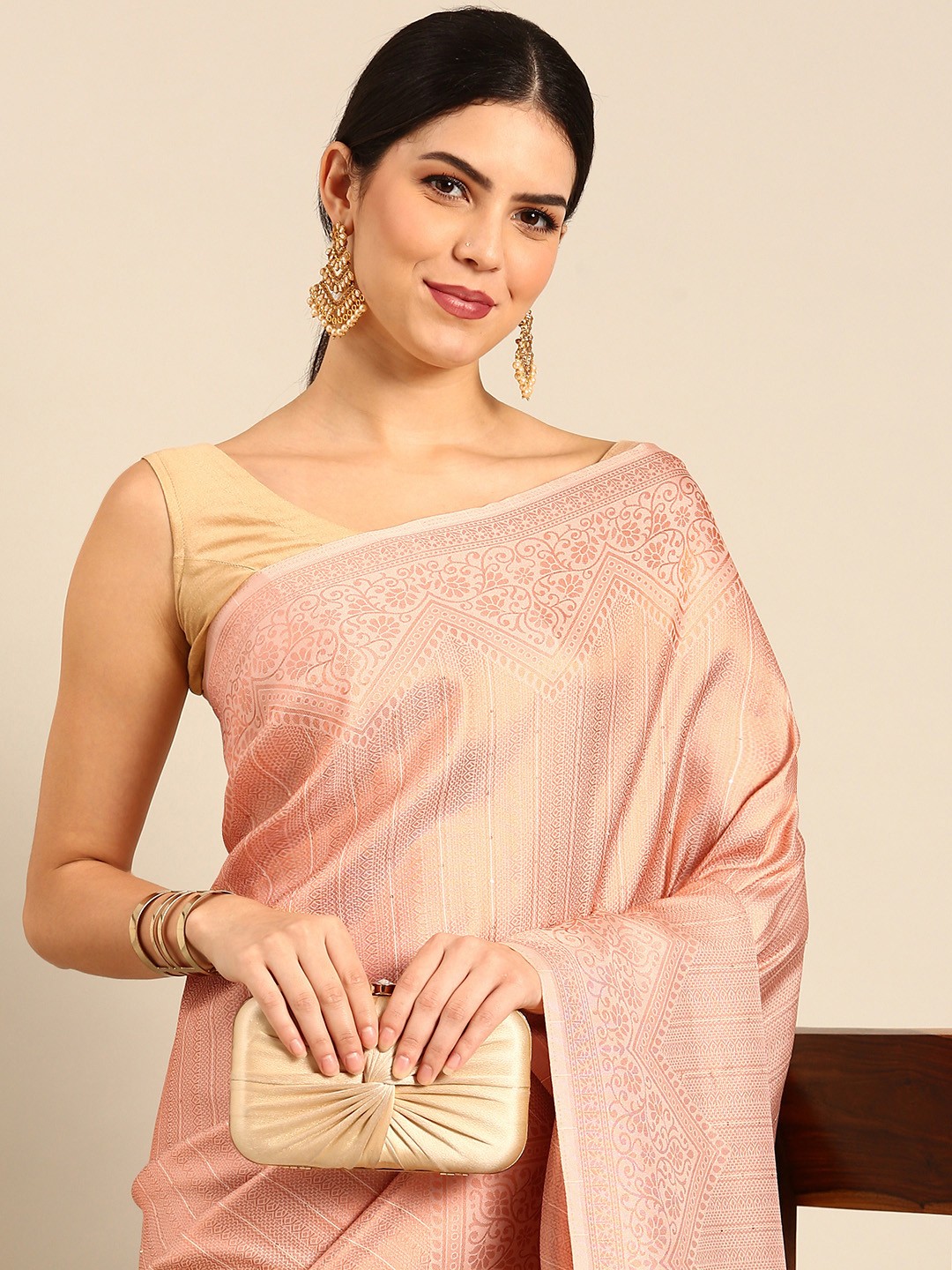 

Simaaya Ethnic Motifs Woven Design Pure Silk Saree, Rose gold