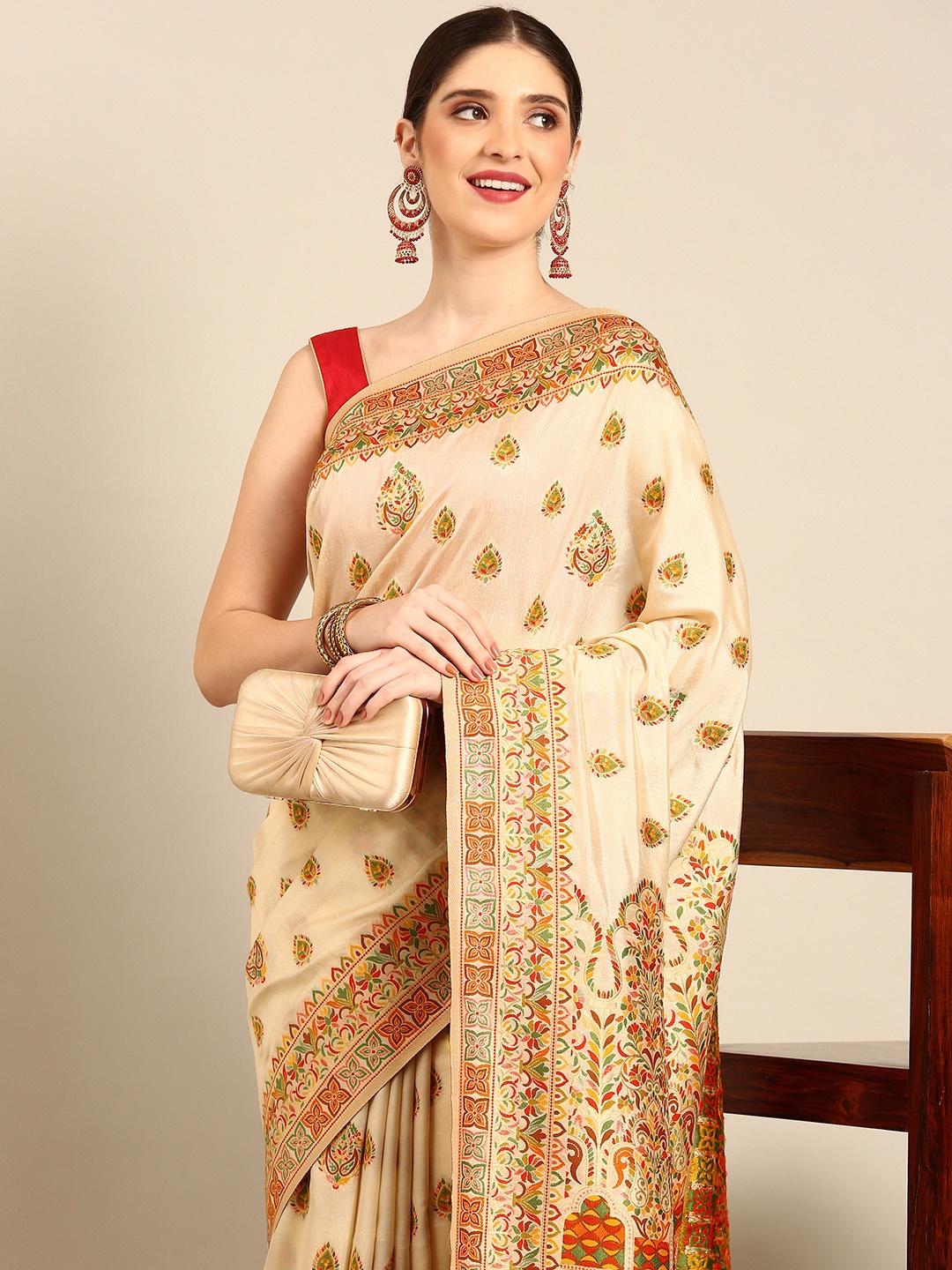 

Simaaya Ethnic Motifs Woven Design Pure Silk Saree, Cream