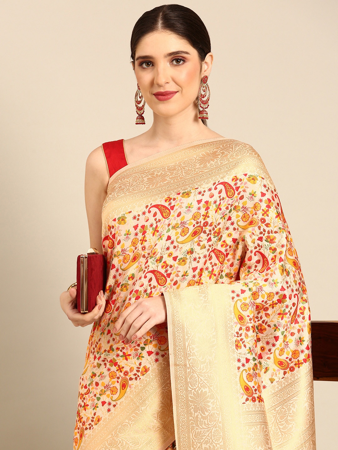 

Simaaya Paisley & Floral Woven Design Pure Silk Saree, Cream