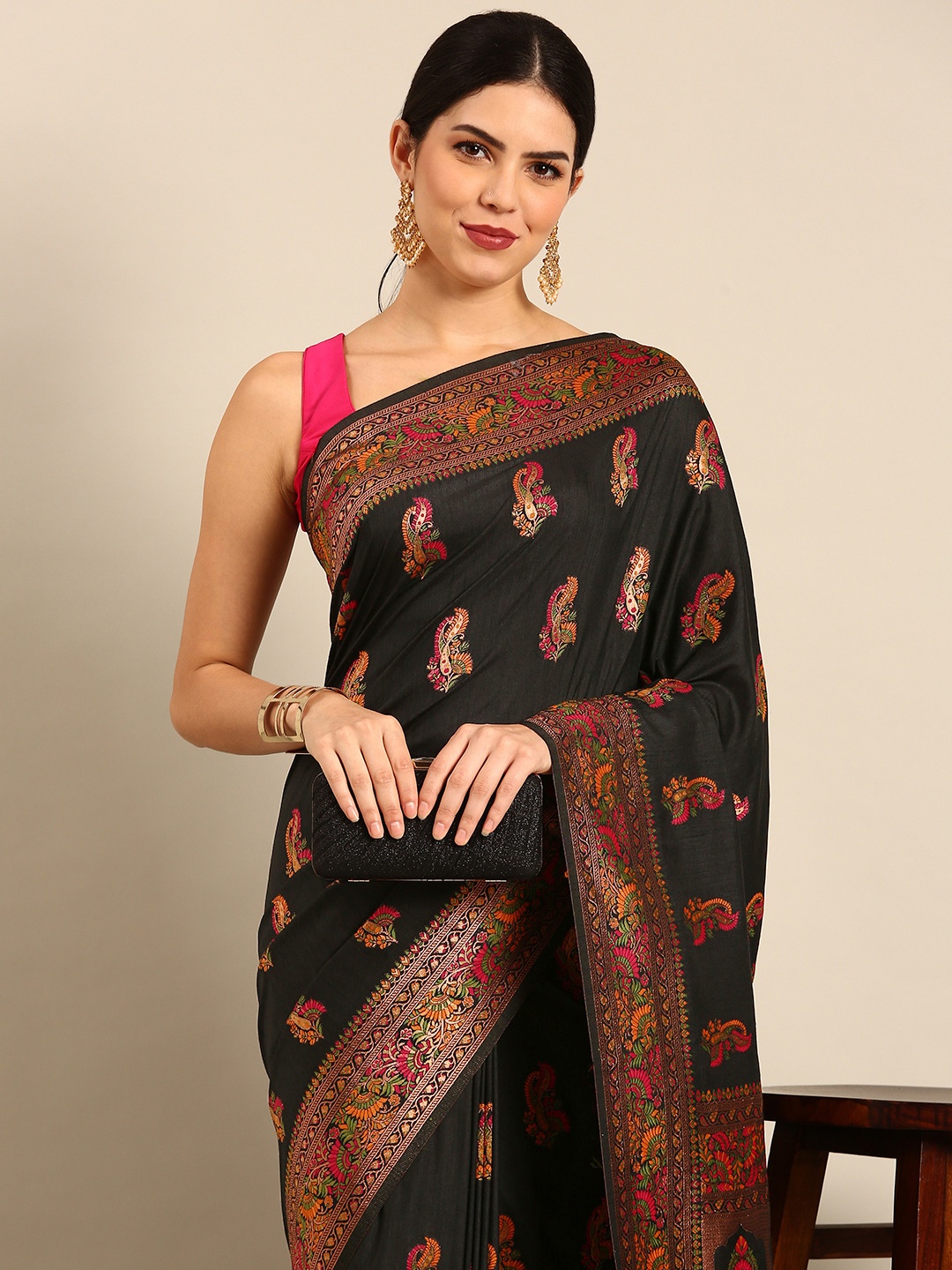 

Simaaya Floral Pure Silk Saree, Black