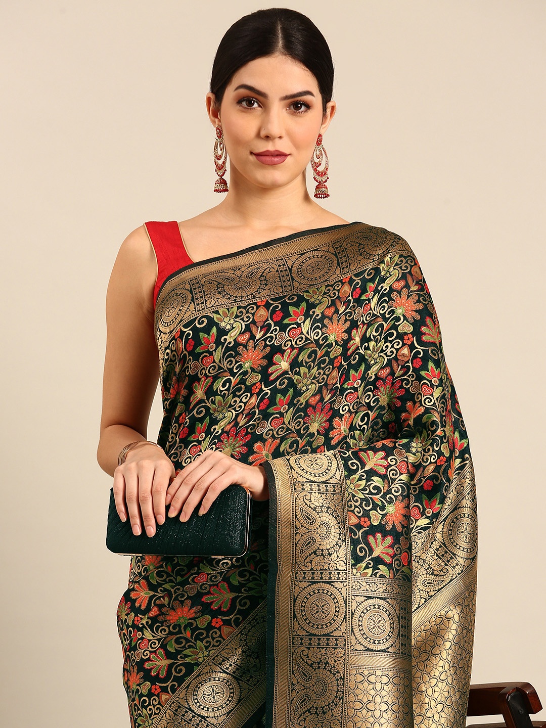 

Simaaya Floral Zari Pure Silk Saree, Black