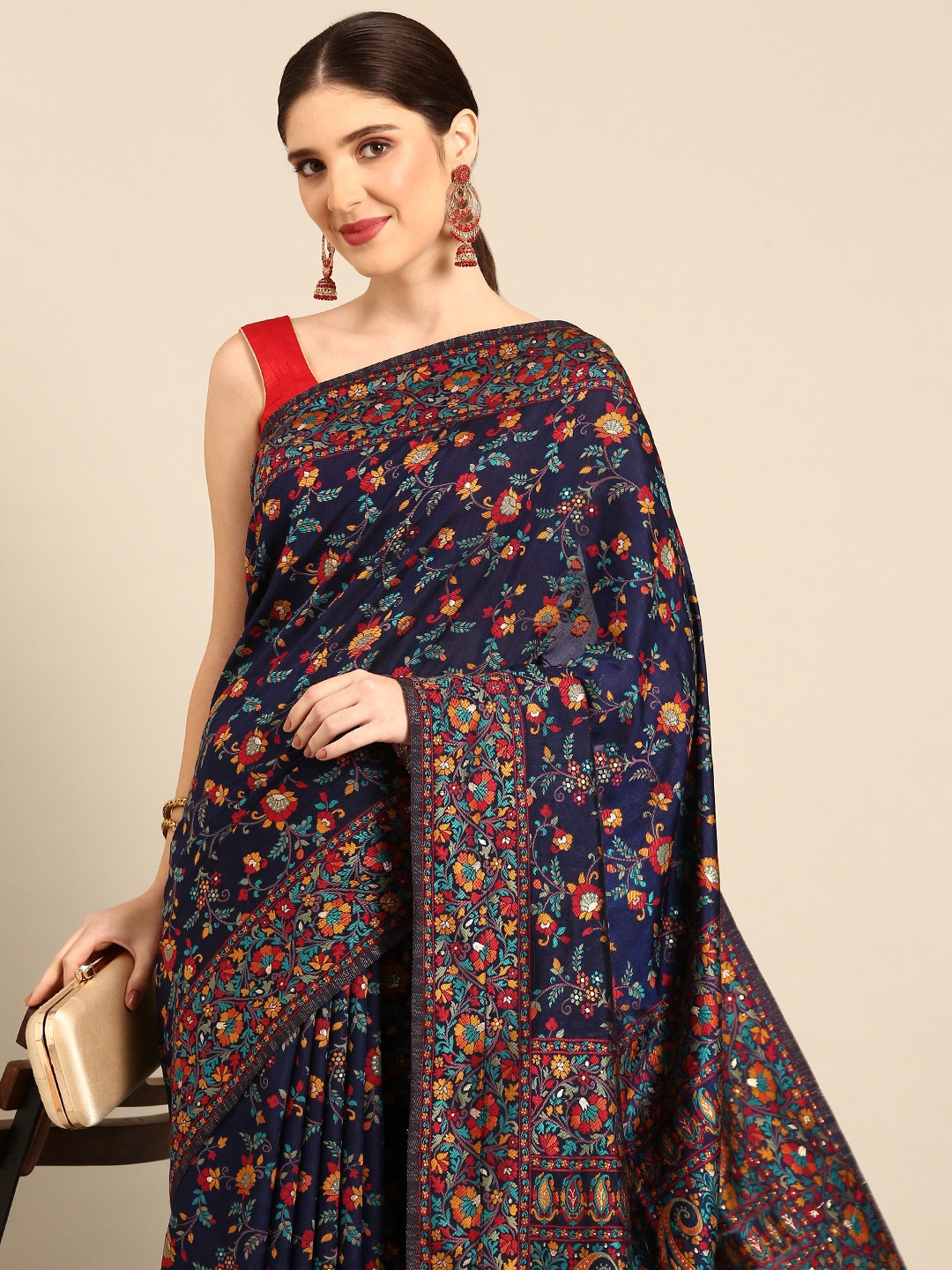 

Simaaya Floral Woven Design Pure Silk Saree, Navy blue