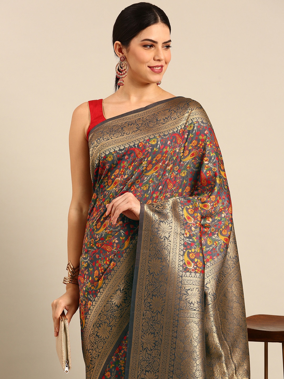 

Simaaya Floral Zari Pure Silk Saree, Grey