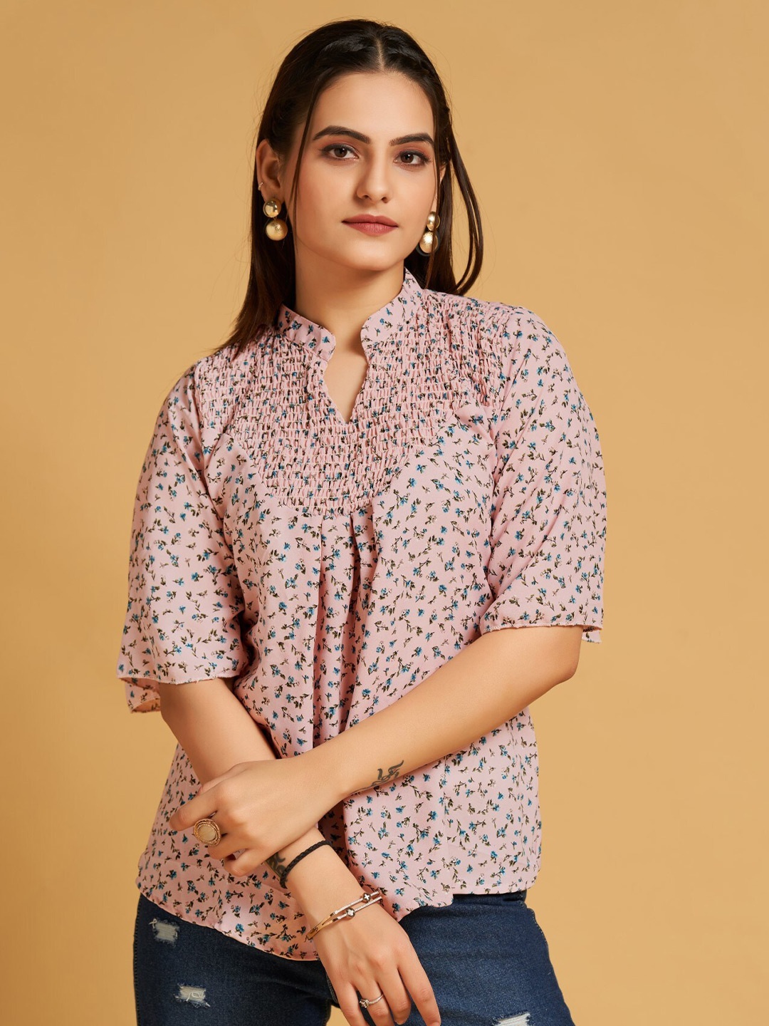 

HOUSE OF MIRA Floral Printed Mandarin Collar Smocked Top, Peach