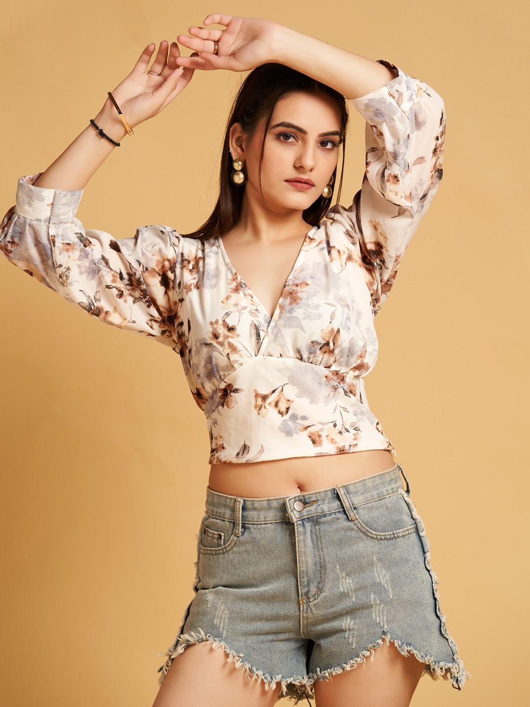 

HOUSE OF MIRA Floral Printed V-Neck Puff Sleeve Wrap Crop Top, Brown
