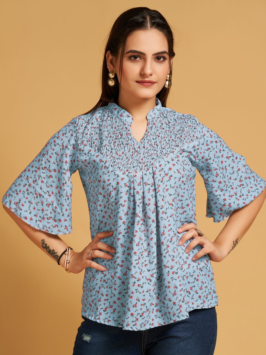 

HOUSE OF MIRA Floral Printed Mandarin Collar Flared Sleeve Top, Teal