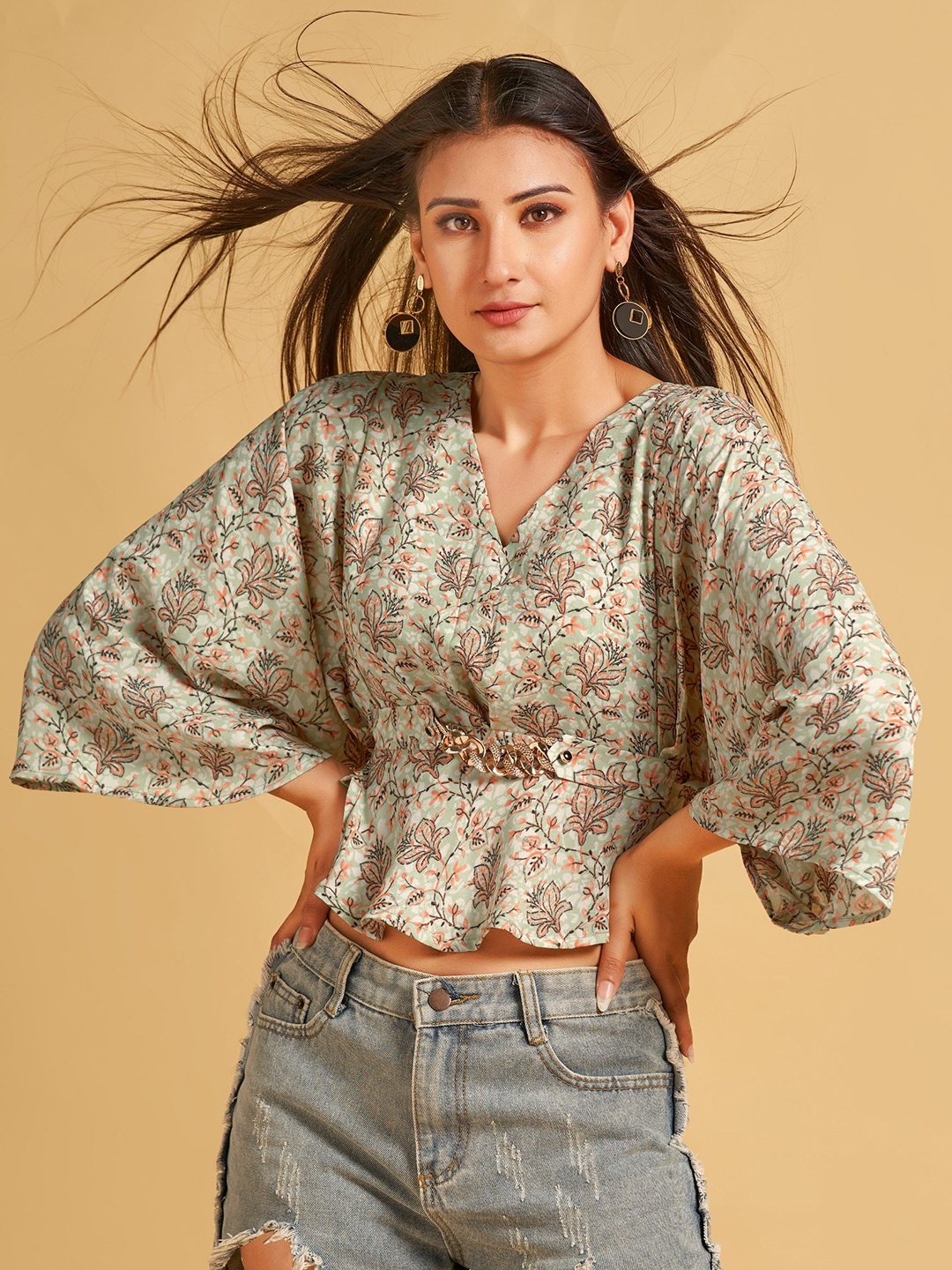 

HOUSE OF MIRA Floral Print Kimono Sleeve Cinched Waist Crop Top, Green