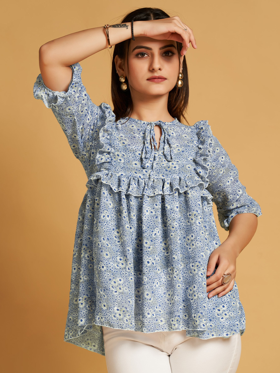 

HOUSE OF MIRA Floral Printed Tie-Up Neck A-Line Top, Blue