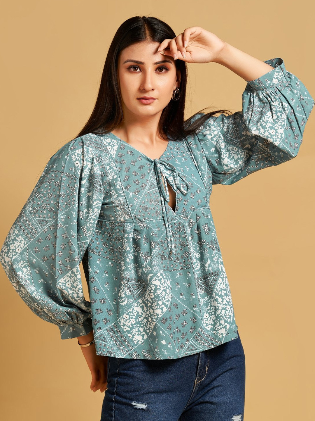 

HOUSE OF MIRA Floral Printed Keyhole Neck A-Line Top, Blue