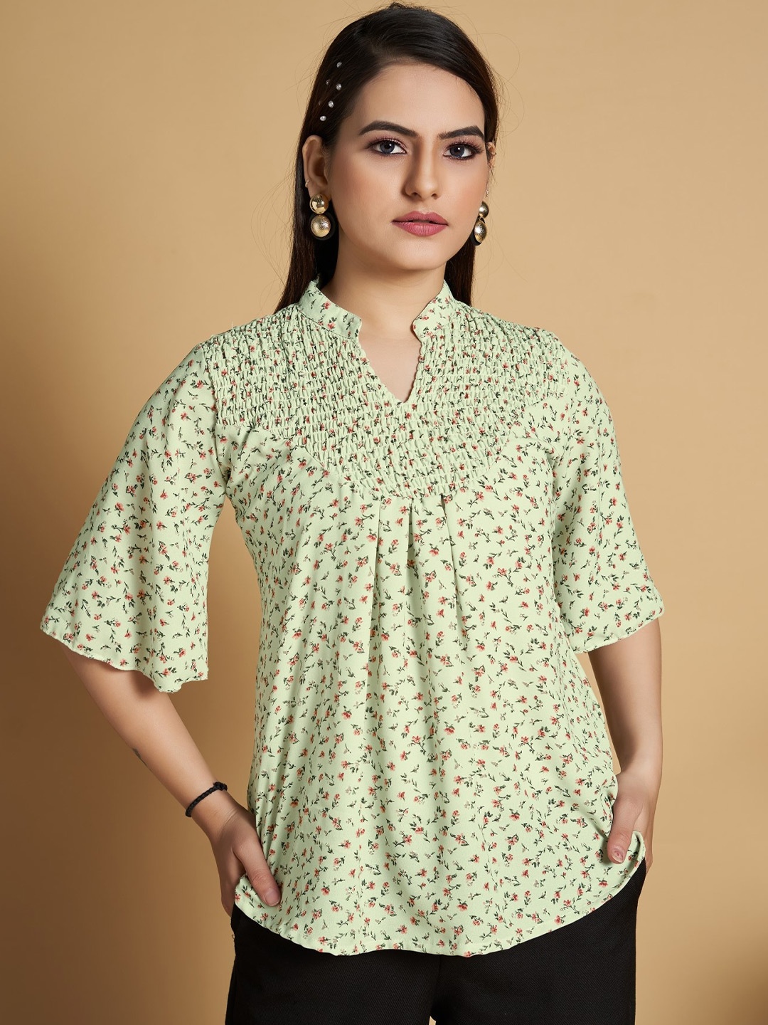 

HOUSE OF MIRA Floral Printed Mandarin Collar Flared Sleeve Top, Lime green