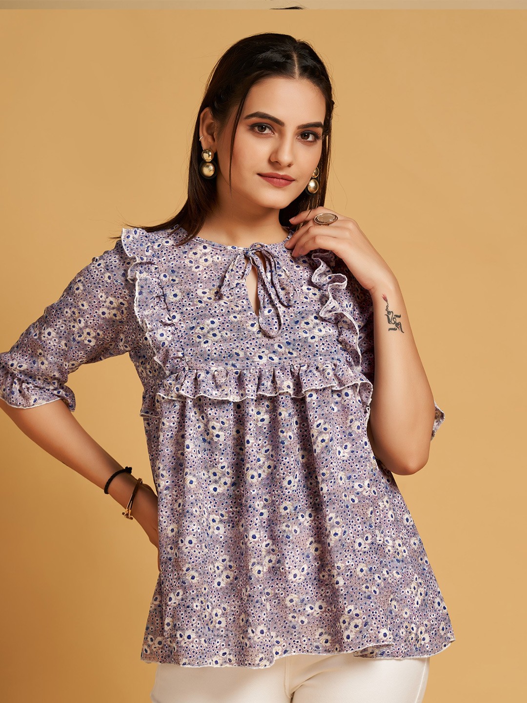 

HOUSE OF MIRA Floral Printed Tie-Up Neck A-Line Top, Purple
