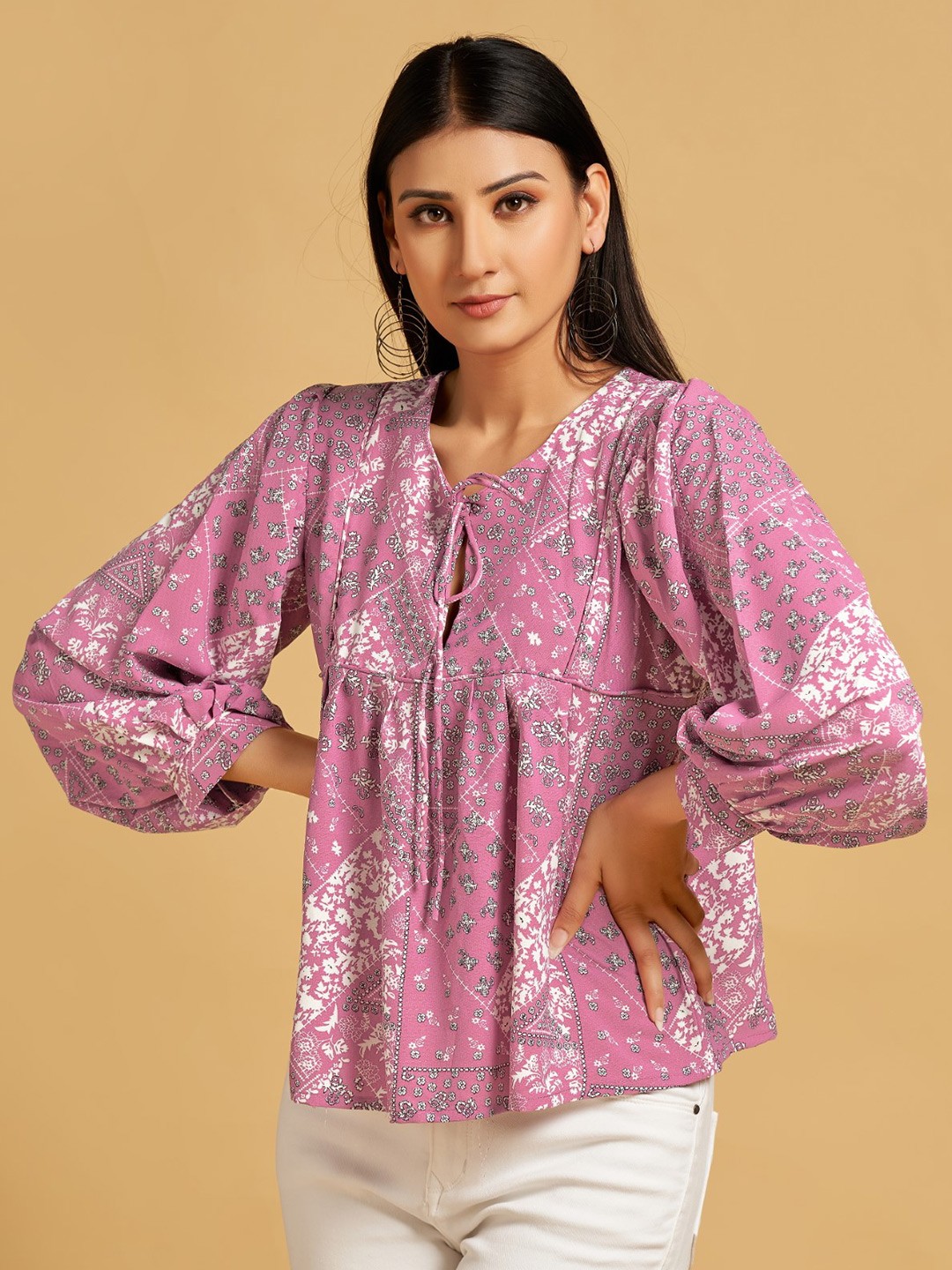 

HOUSE OF MIRA Ethnic Motifs Tie-Up Neck Puff Sleeve A-Line Top, Pink