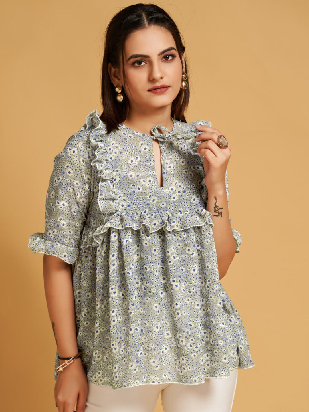 

HOUSE OF MIRA Floral Printed Tie-Up Neck A-Line Top, Grey