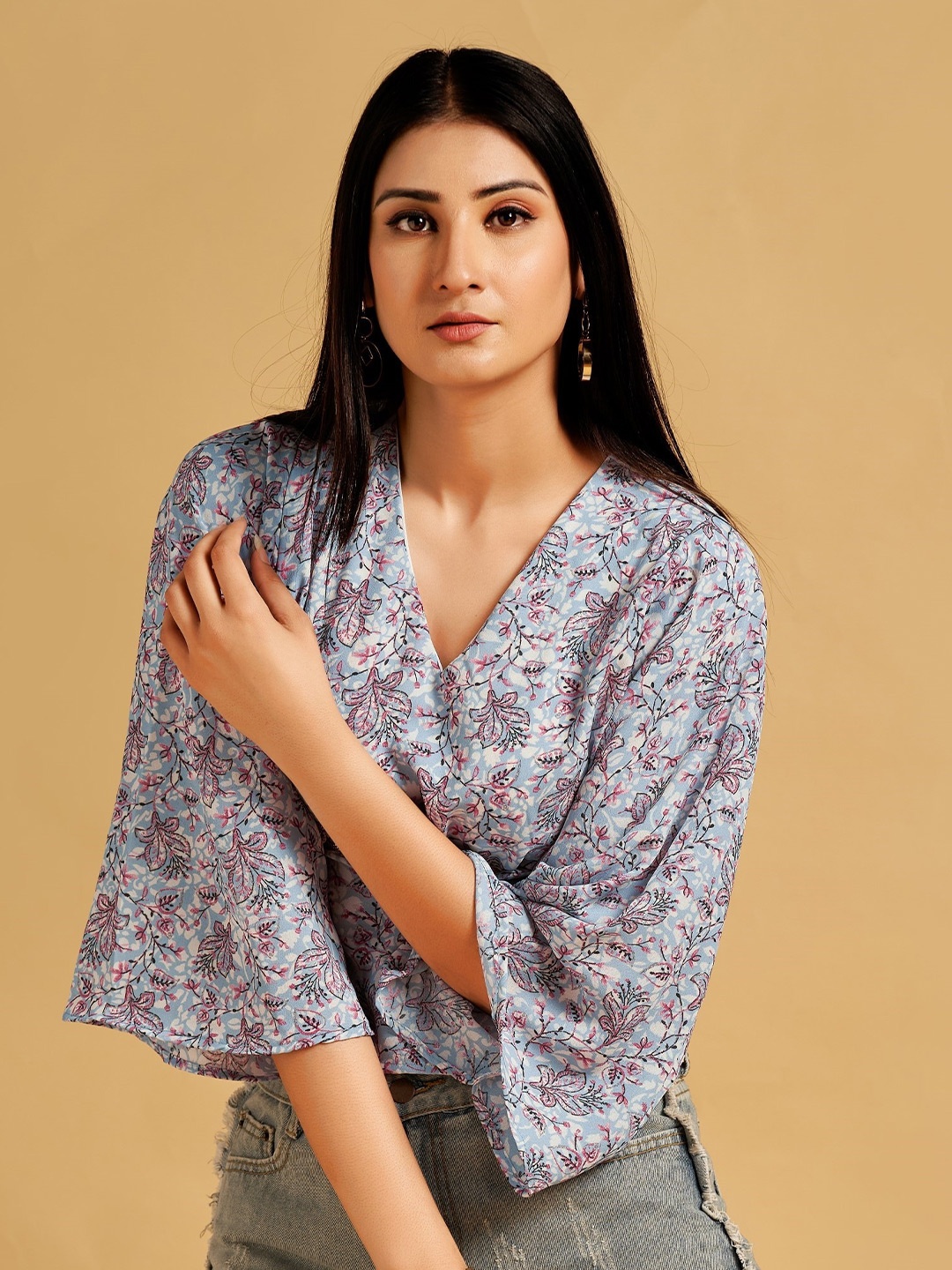 

HOUSE OF MIRA Floral Print V-Neck Flared Sleeve Top, Blue