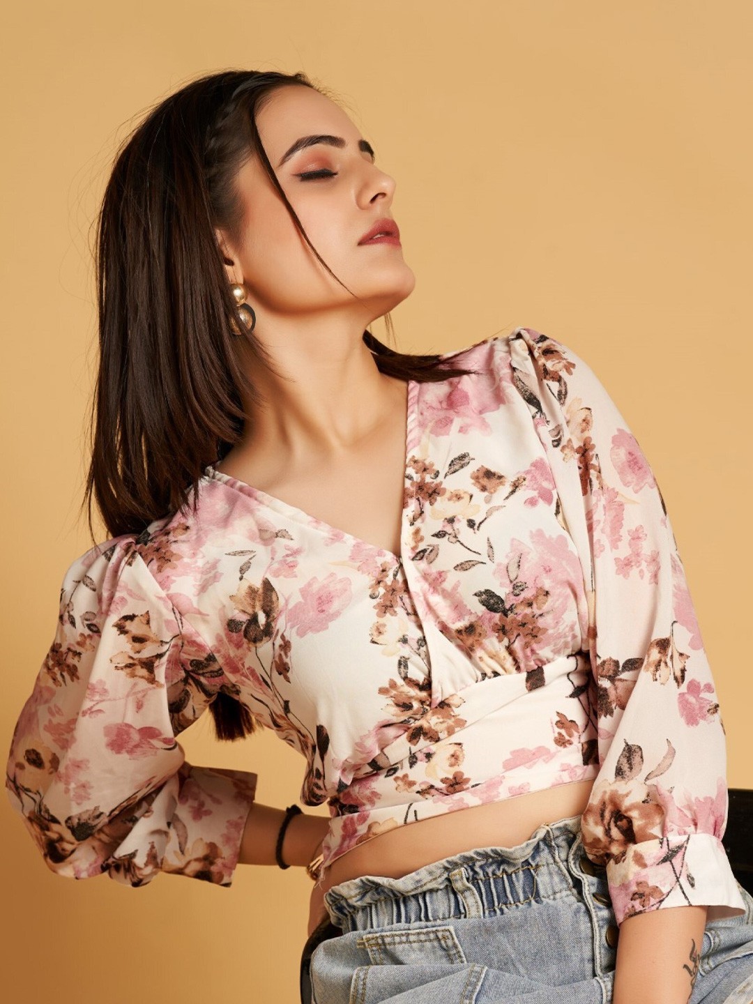 

HOUSE OF MIRA Floral Printed V-Neck Puff Sleeve Crop Top, Pink