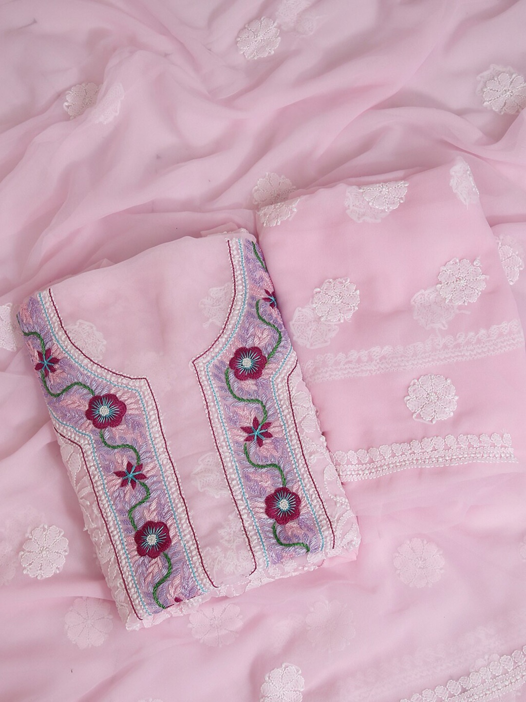 

ADA Chikankari Embroidered Unstitched Georgette Dress Material, Pink