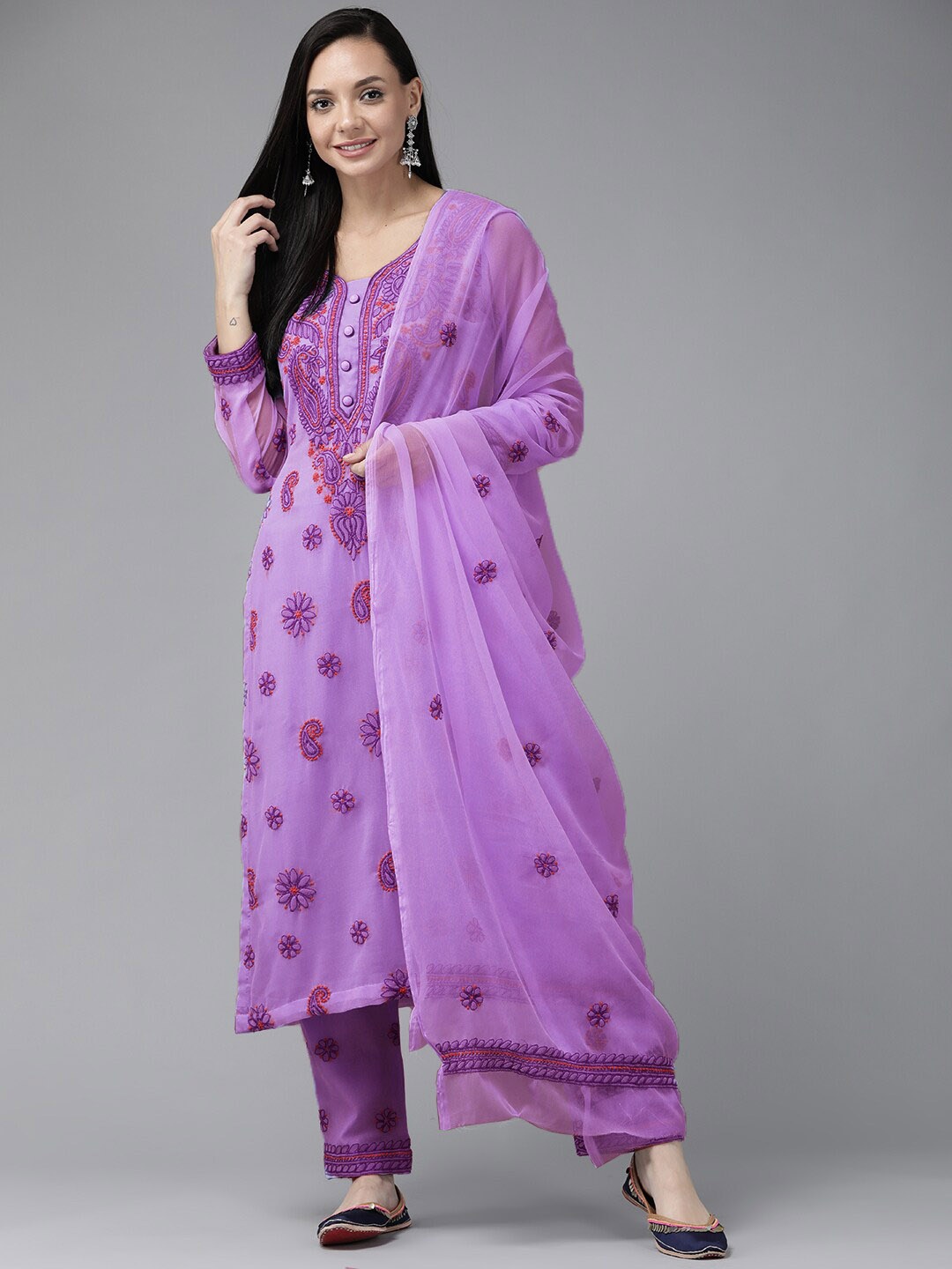 

ADA Chikankari Embroidered Unstitched Georgette Dress Material, Lavender